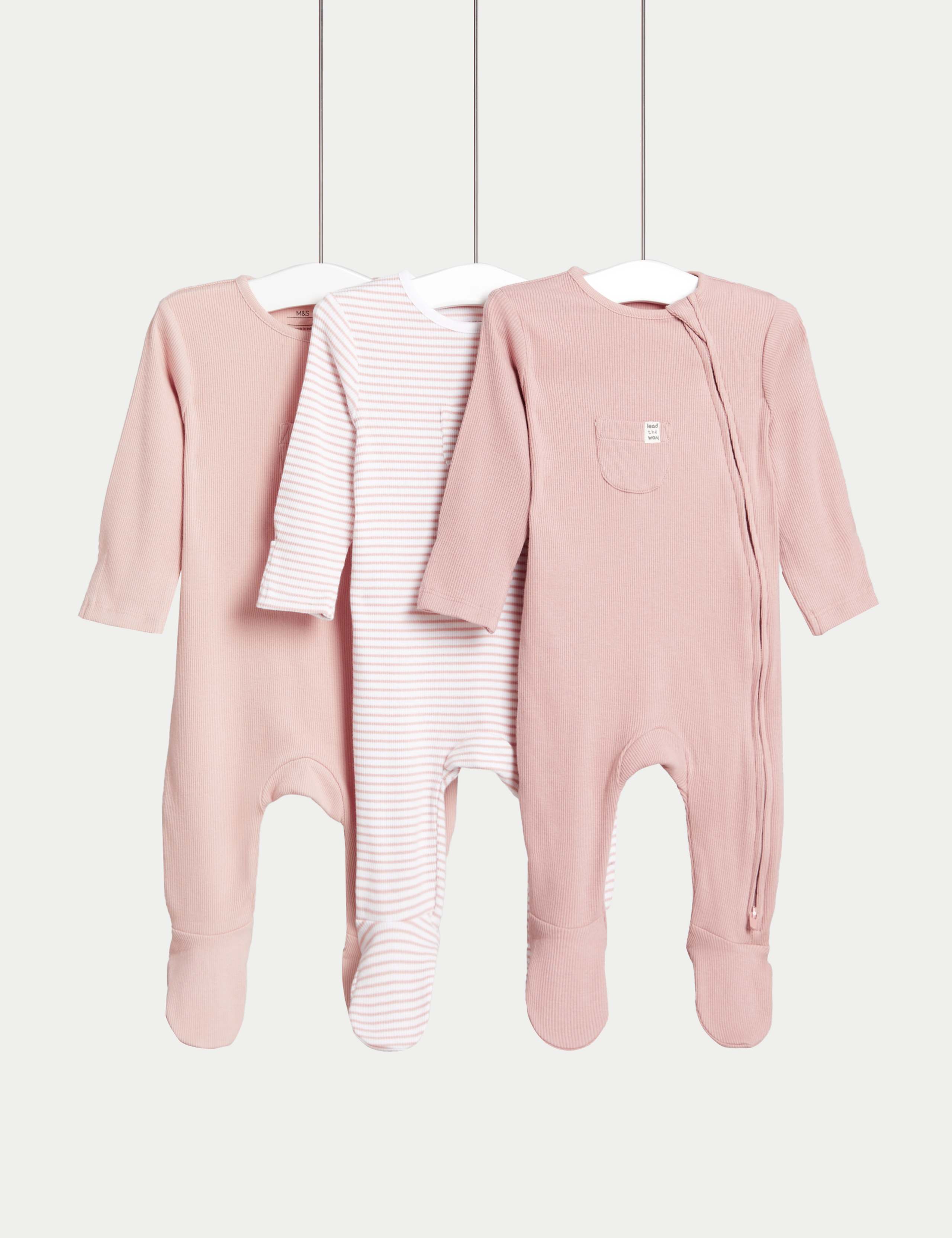 3pk Cotton Rich Striped & Plain Sleepsuits (0-3 Yrs)