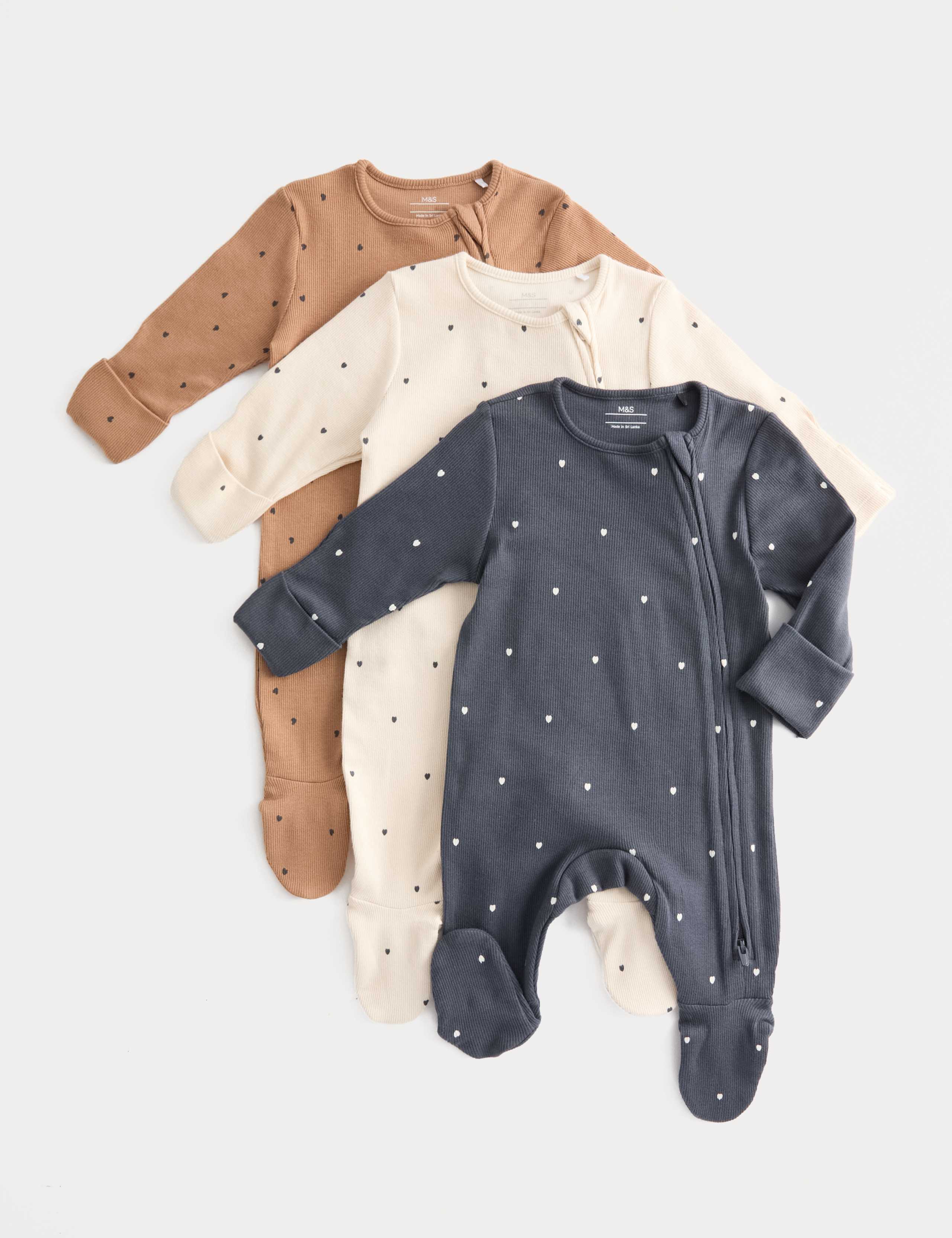 3pk Cotton Rich Heart Ribbed Sleepsuits (0-3 Yrs)