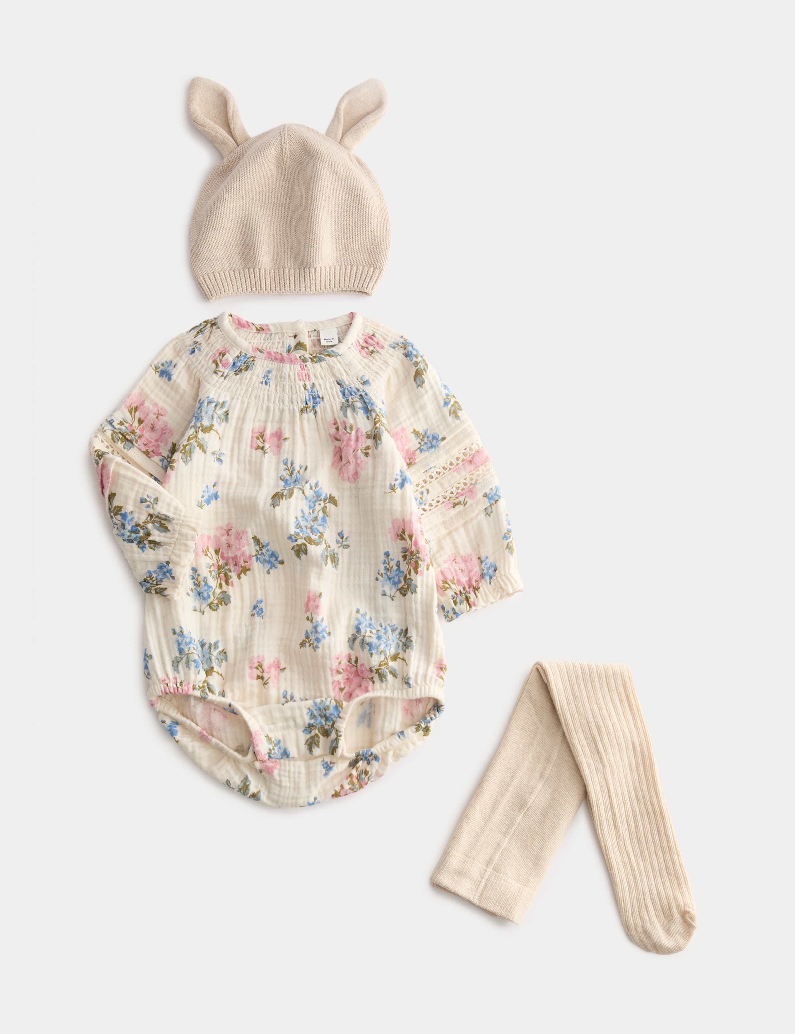 3pc Cotton Rich Floral Bodysuit with Hat and Tights