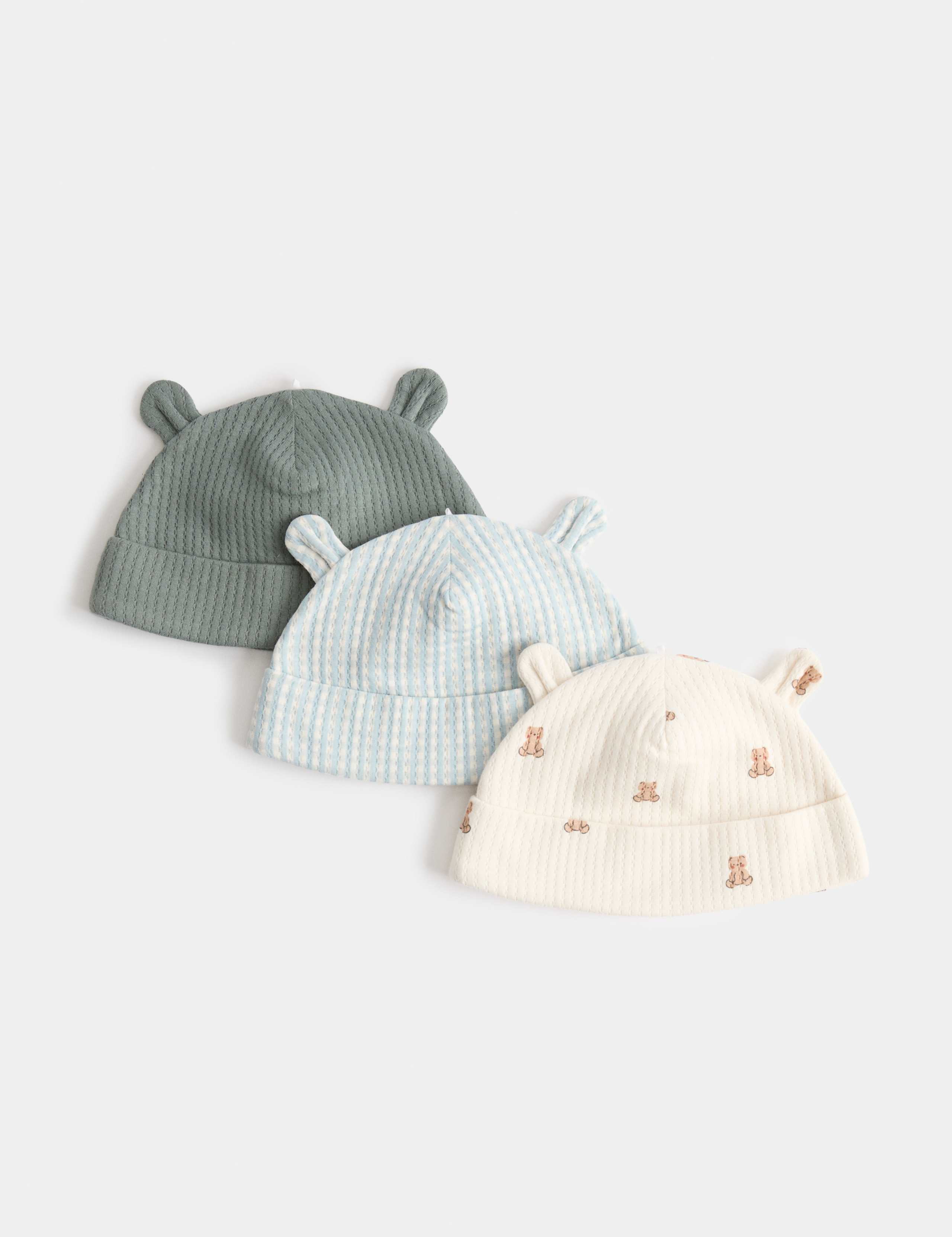 Kids' 3 Pack Pure Cotton Hats with Ears (0-12 Mths)