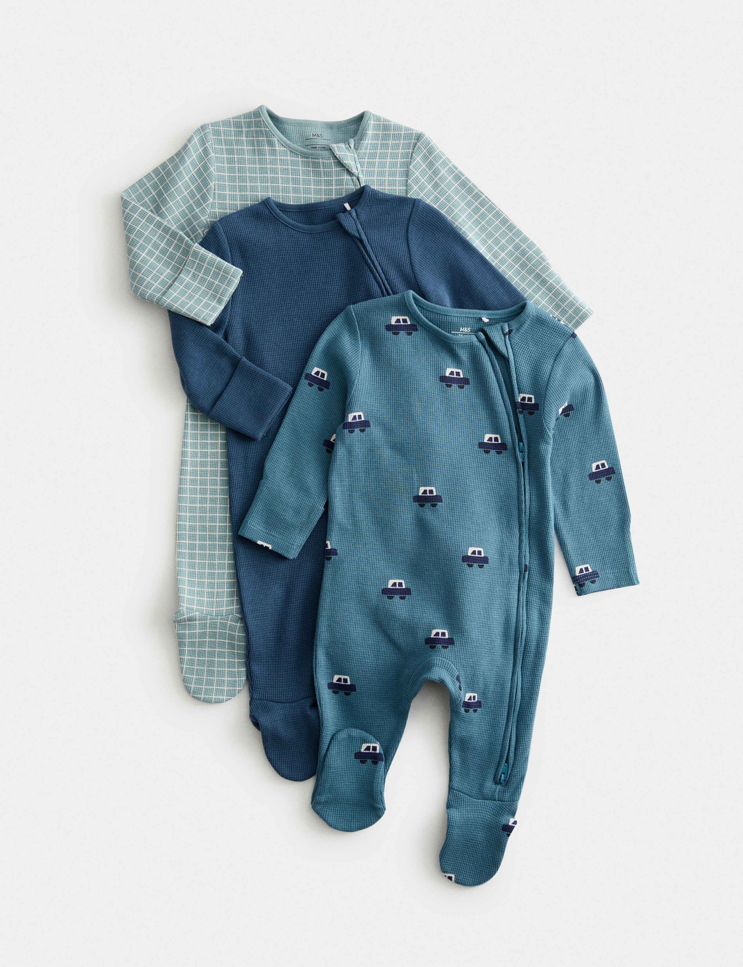 3pk Pure Cotton Car Print Sleepsuits (0 Mths-3 Yrs)