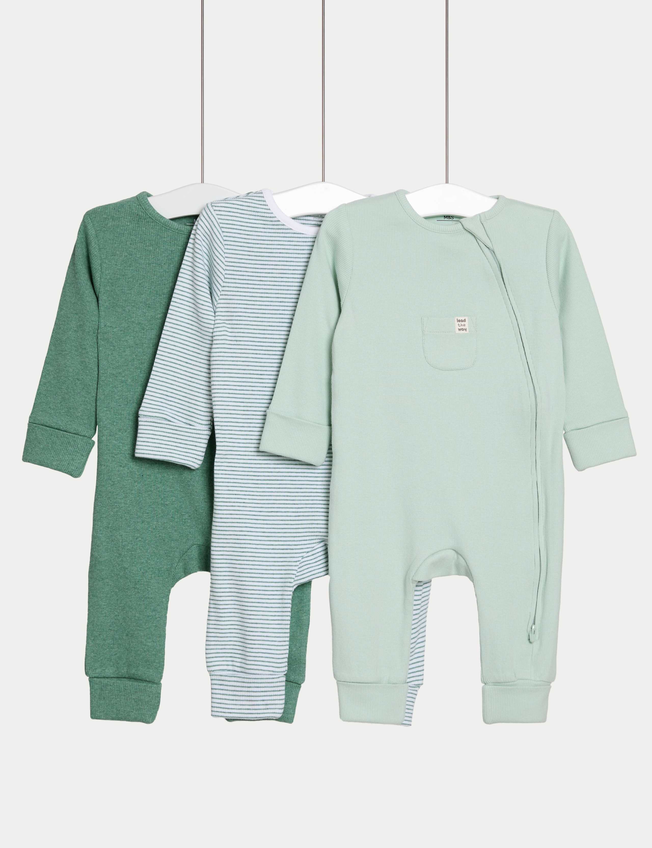 3pk Cotton Rich Zip Sleepsuits (6½lbs-3 Yrs)