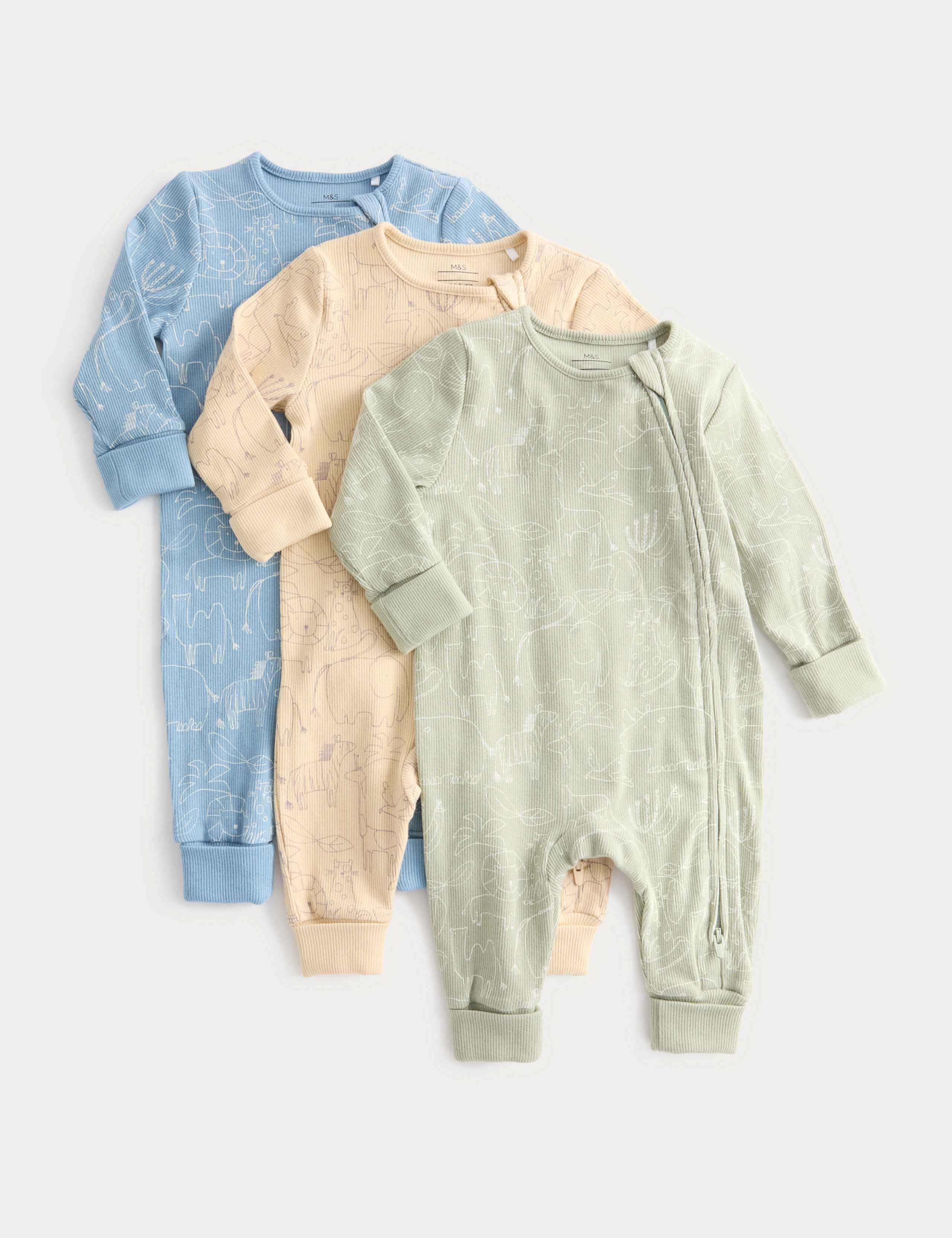 3pk Cotton Rich Ribbed Safari Sleepsuits (0-3 Yrs)