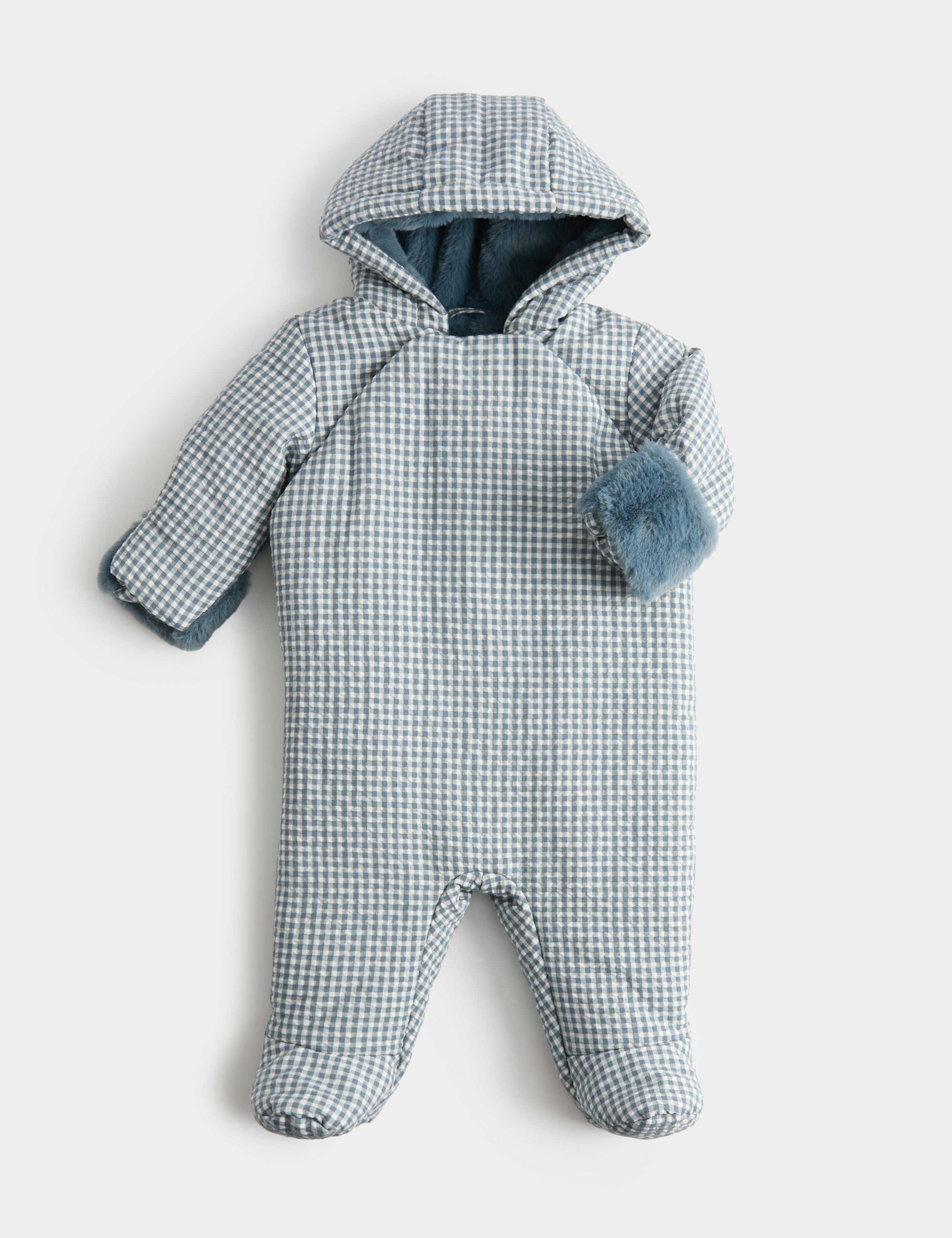 Gingham Faux Fur Lined Pramsuit (0-12 Mths)