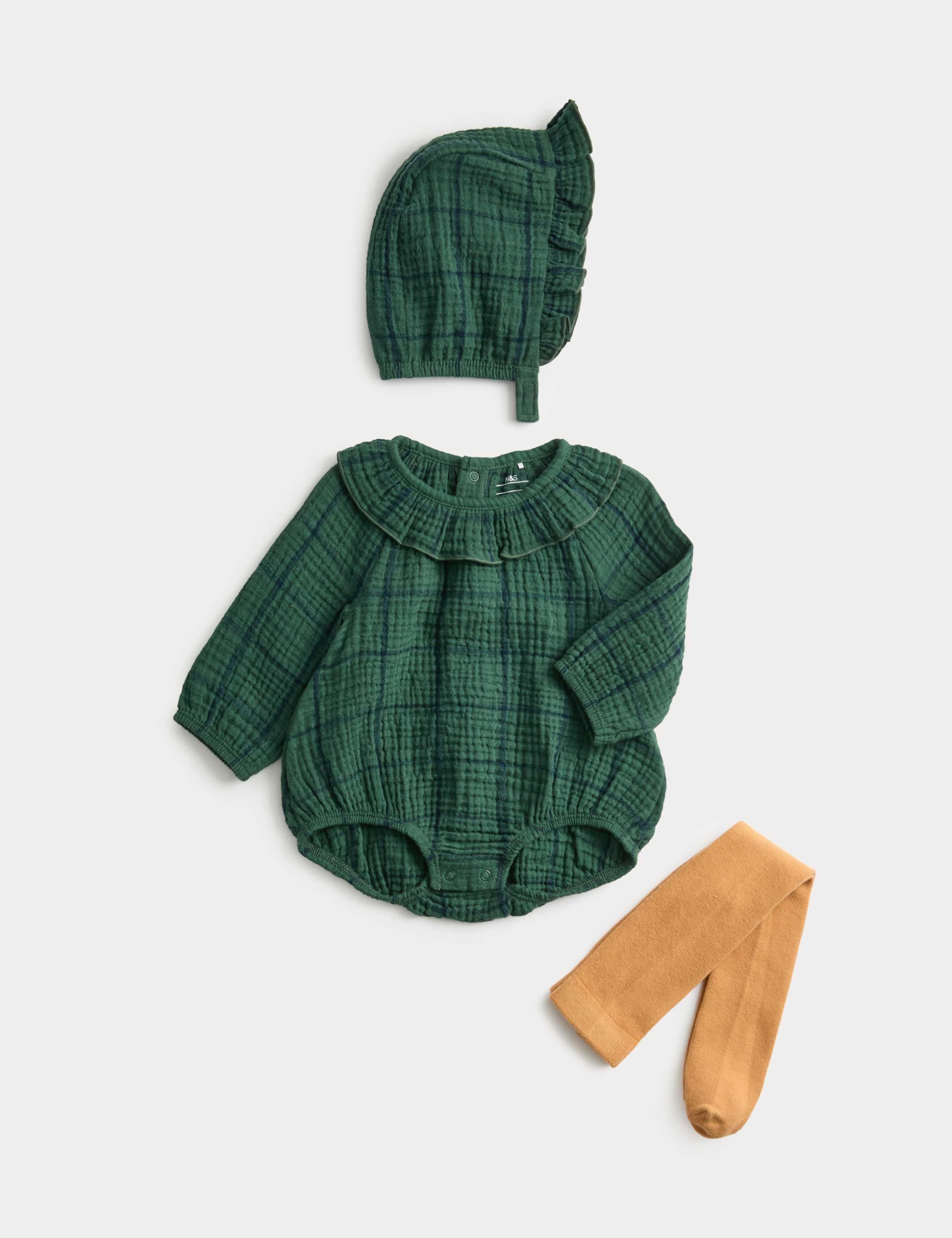 3pc Pure Cotton Check Paddler Bonnet Outfit (0-12 Months)