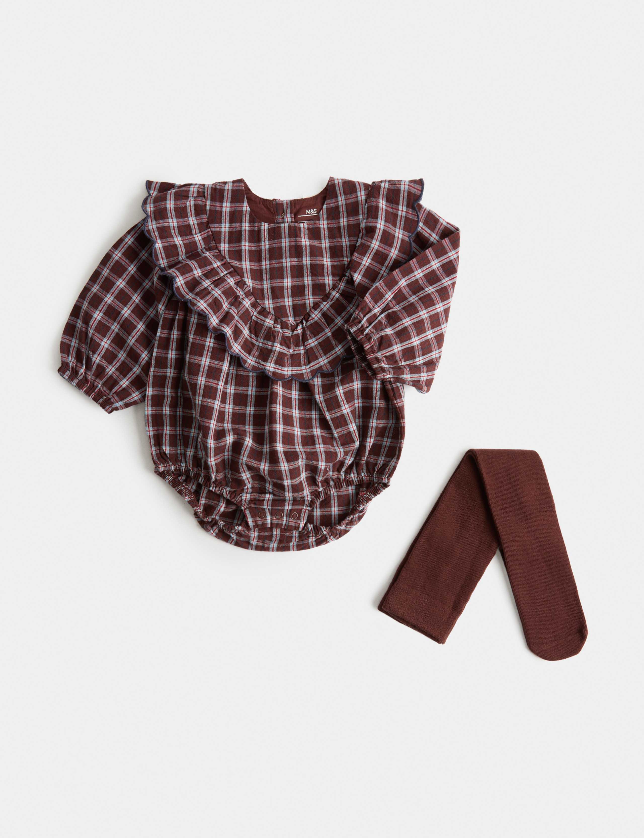 2 Piece Gingham Romper Outfit with Tights (0-12 Mths)