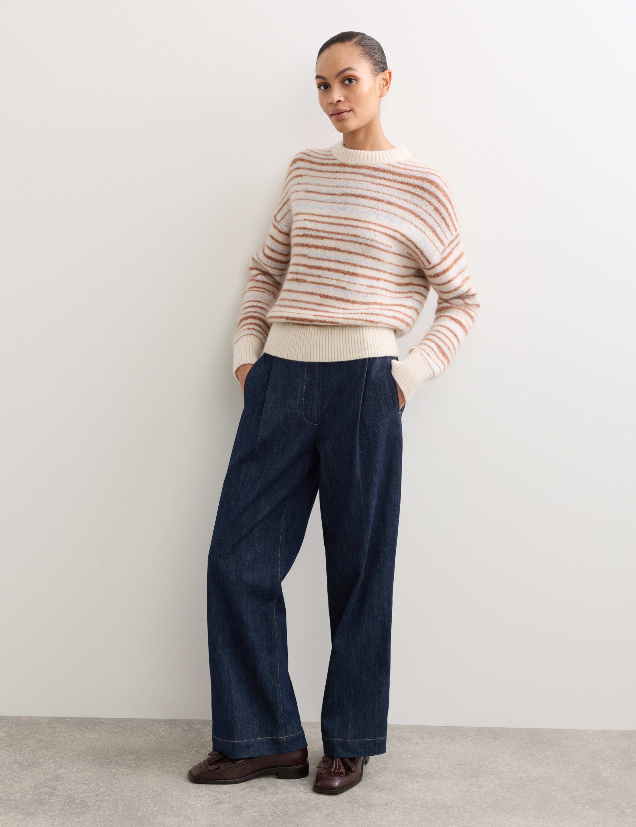 Denim Pleat Front Wide Leg Trousers
