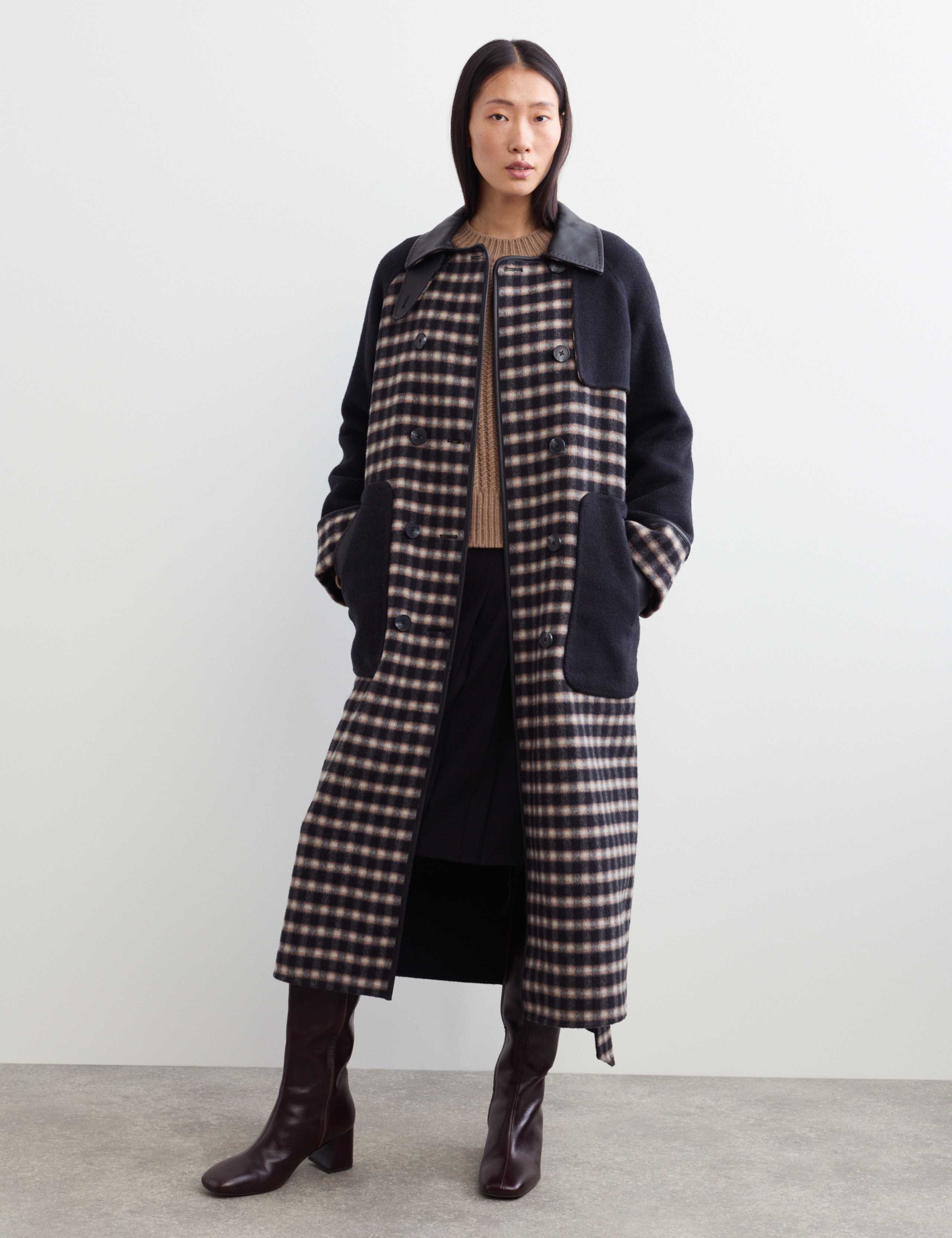 Pure Wool Checked Double Breasted Longline Coat