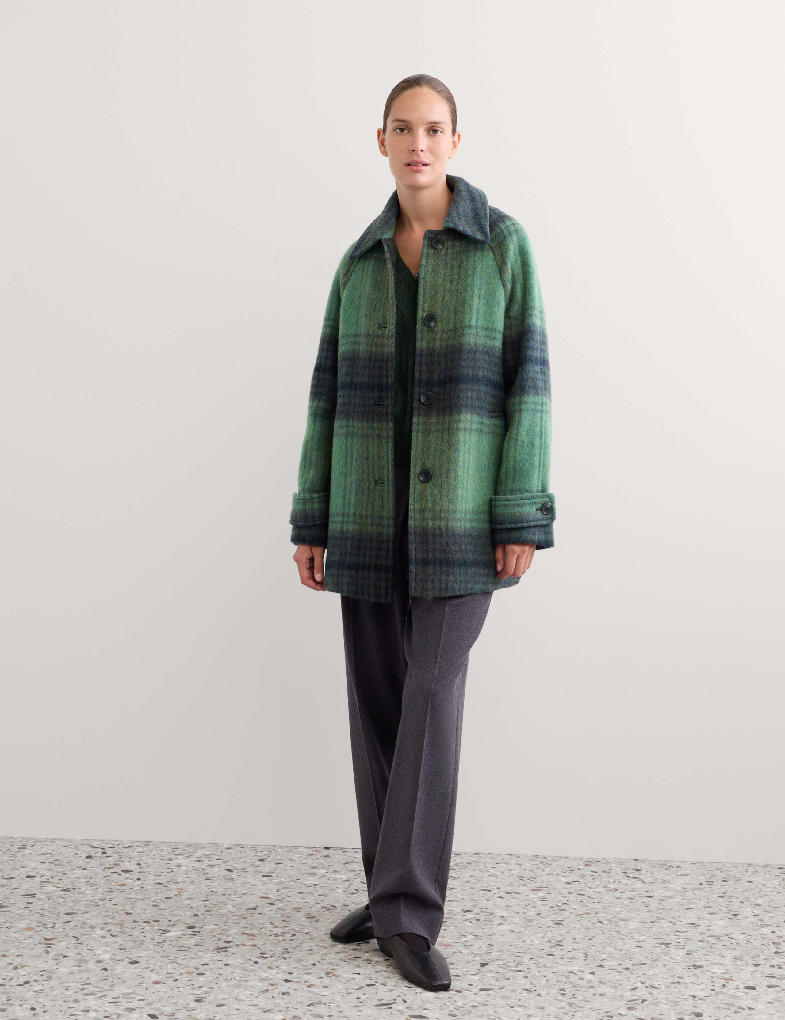 Wool Rich Checked Short Cocoon Coat