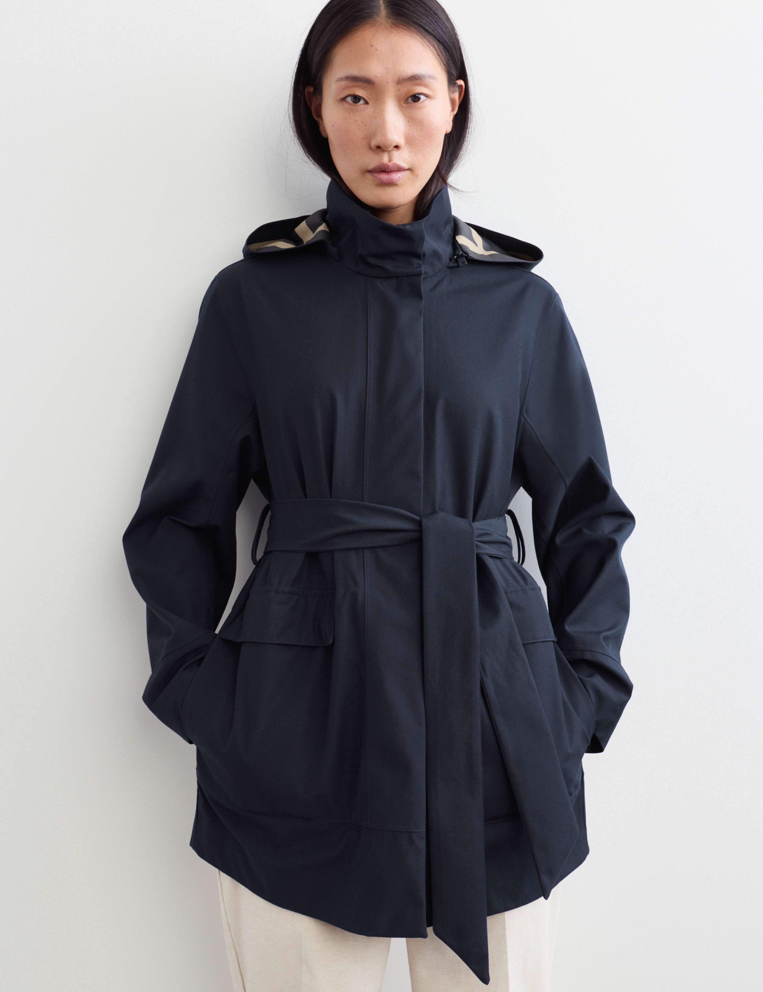 Twill Waterproof Belted Hooded Short Raincoat