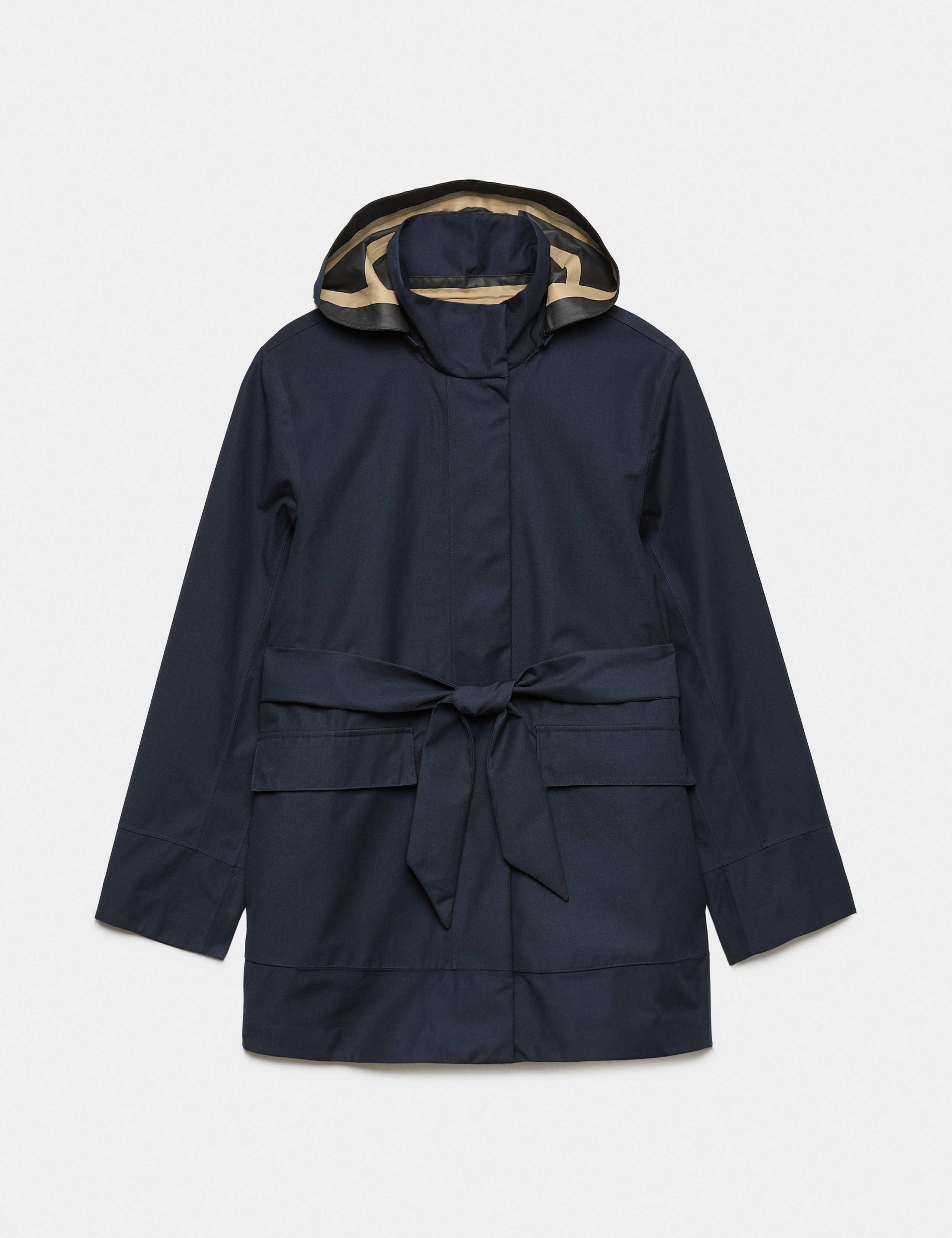 Twill Waterproof Belted Hooded Short Raincoat