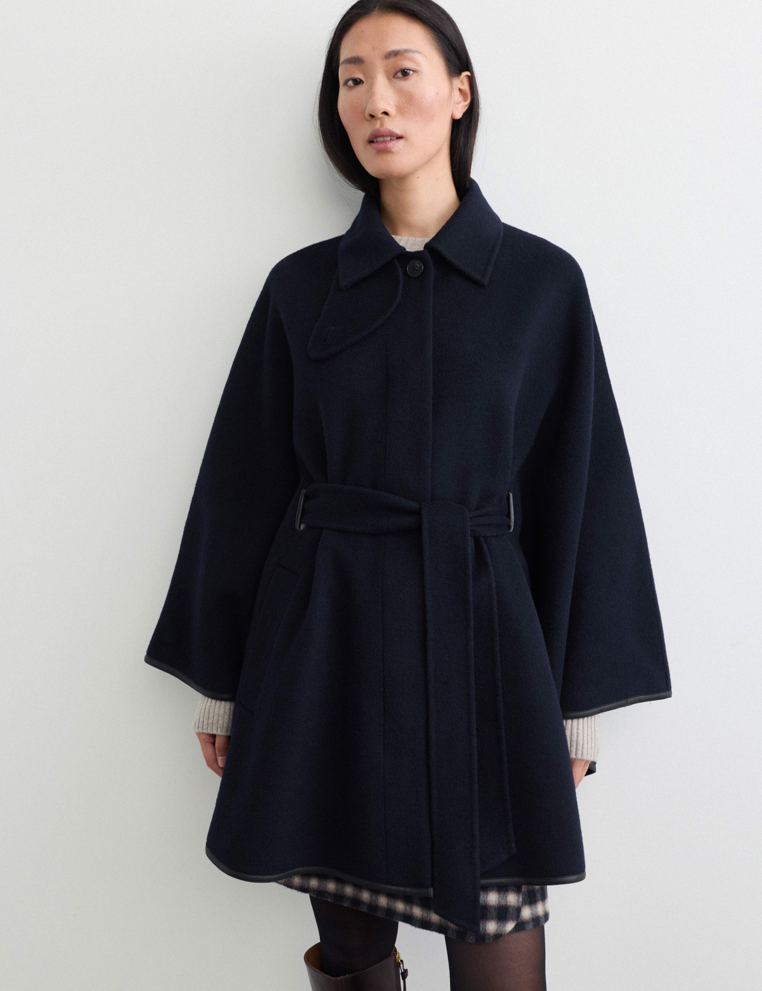 Pure Wool Oversized Wrap Coat with Leather Trim