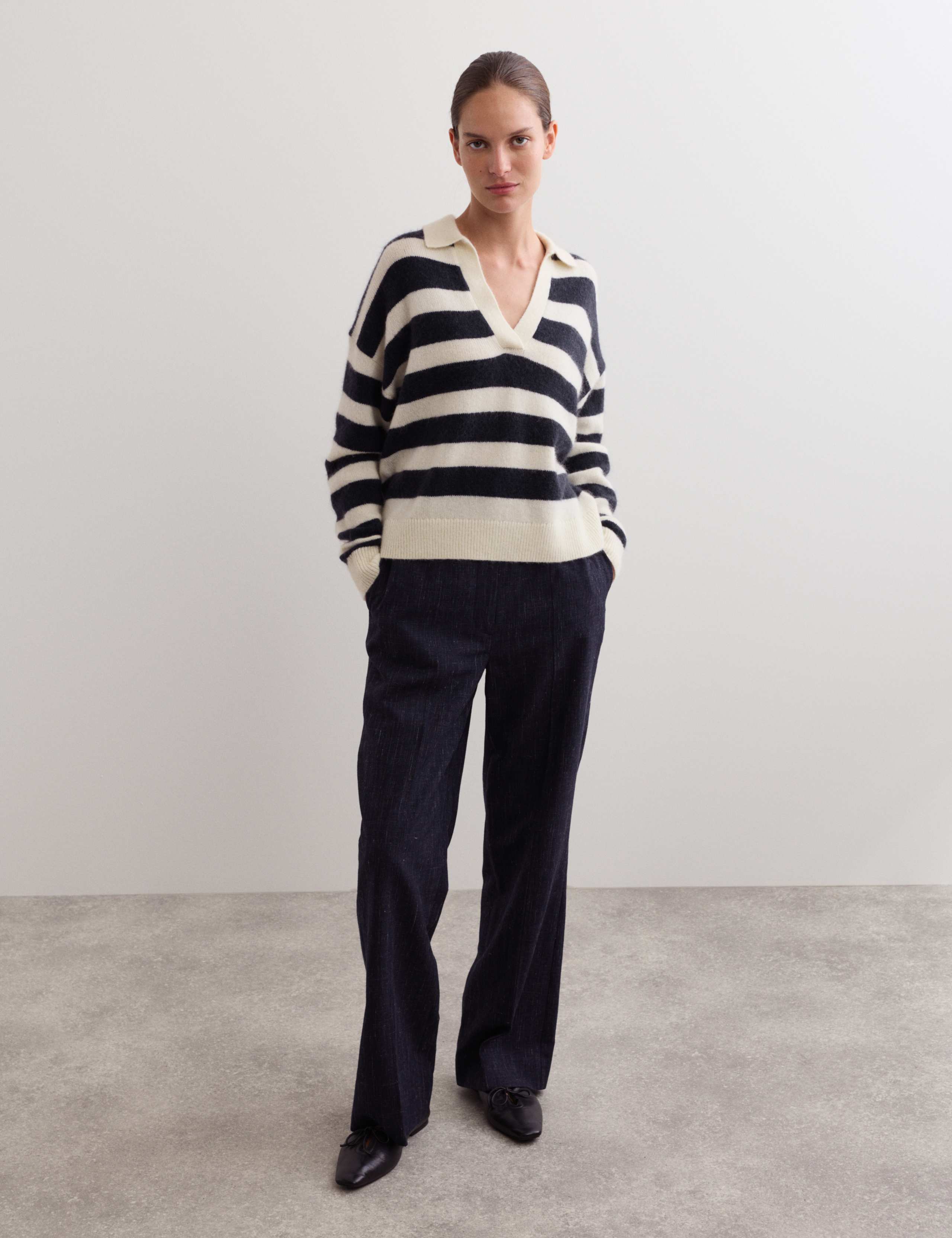 Mohair Blend Polo Collar Stripe Jumper
