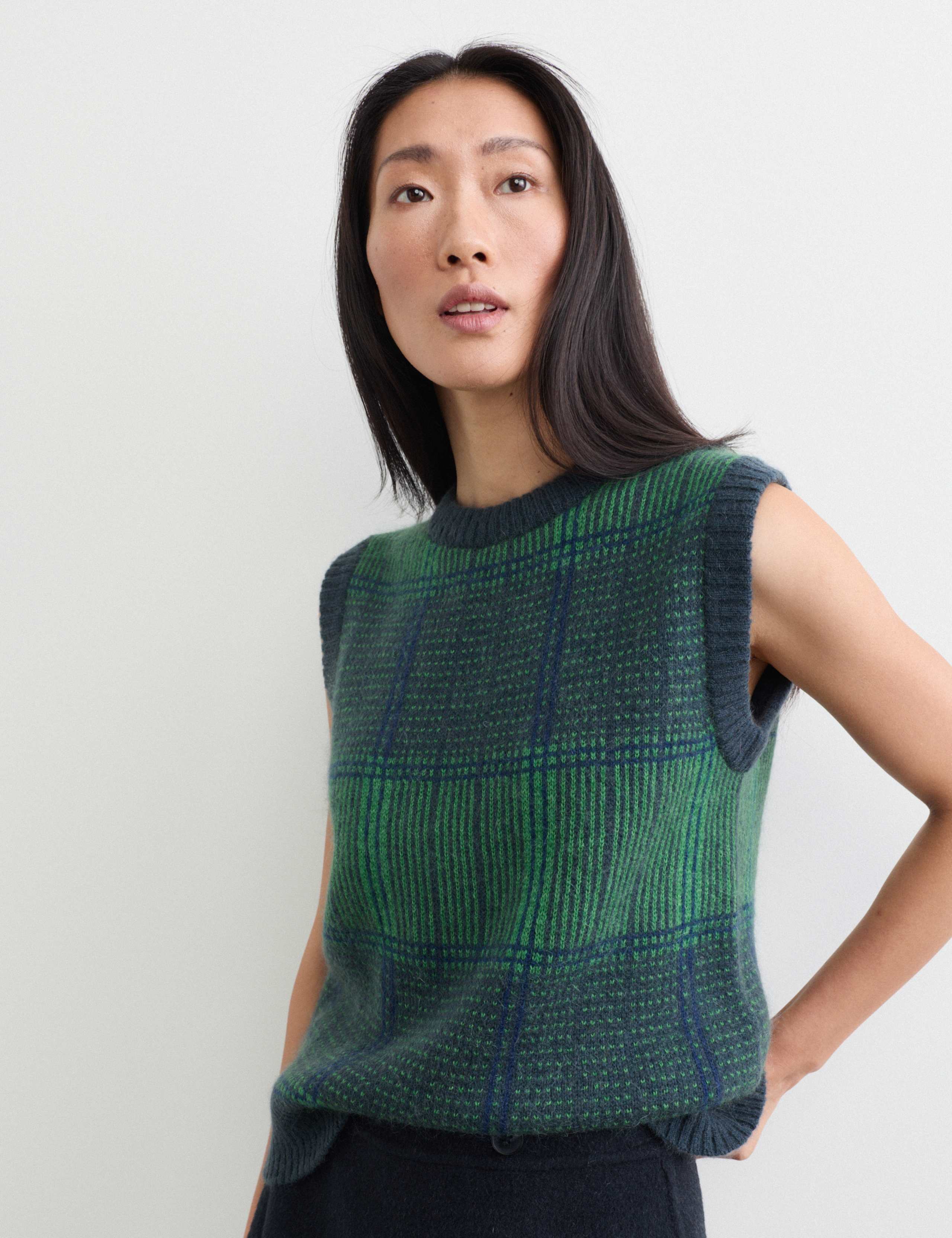Mohair Checked Crew Neck Knitted Vest