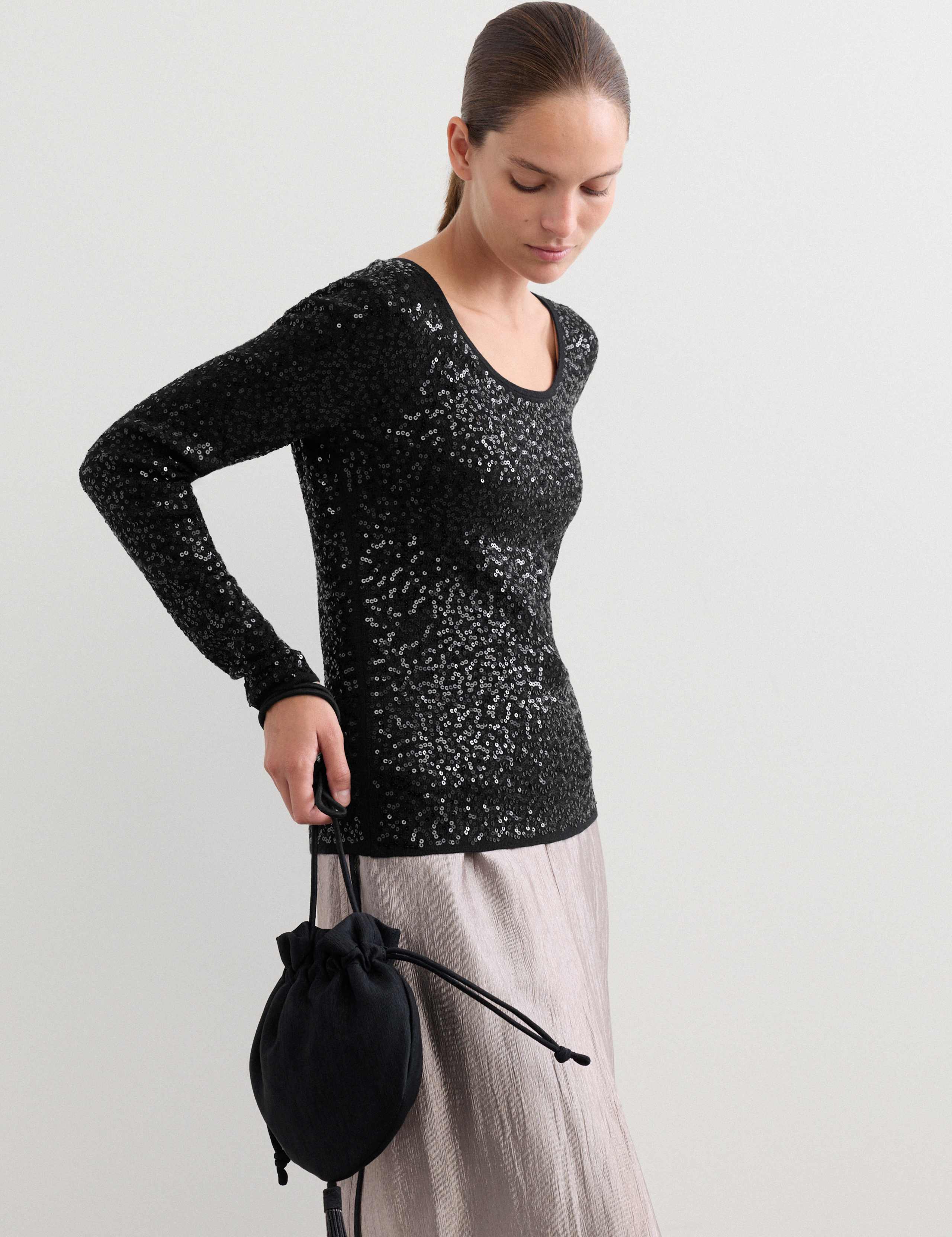 Pure Merino Wool Sequin Scoop Neck Knitted Top