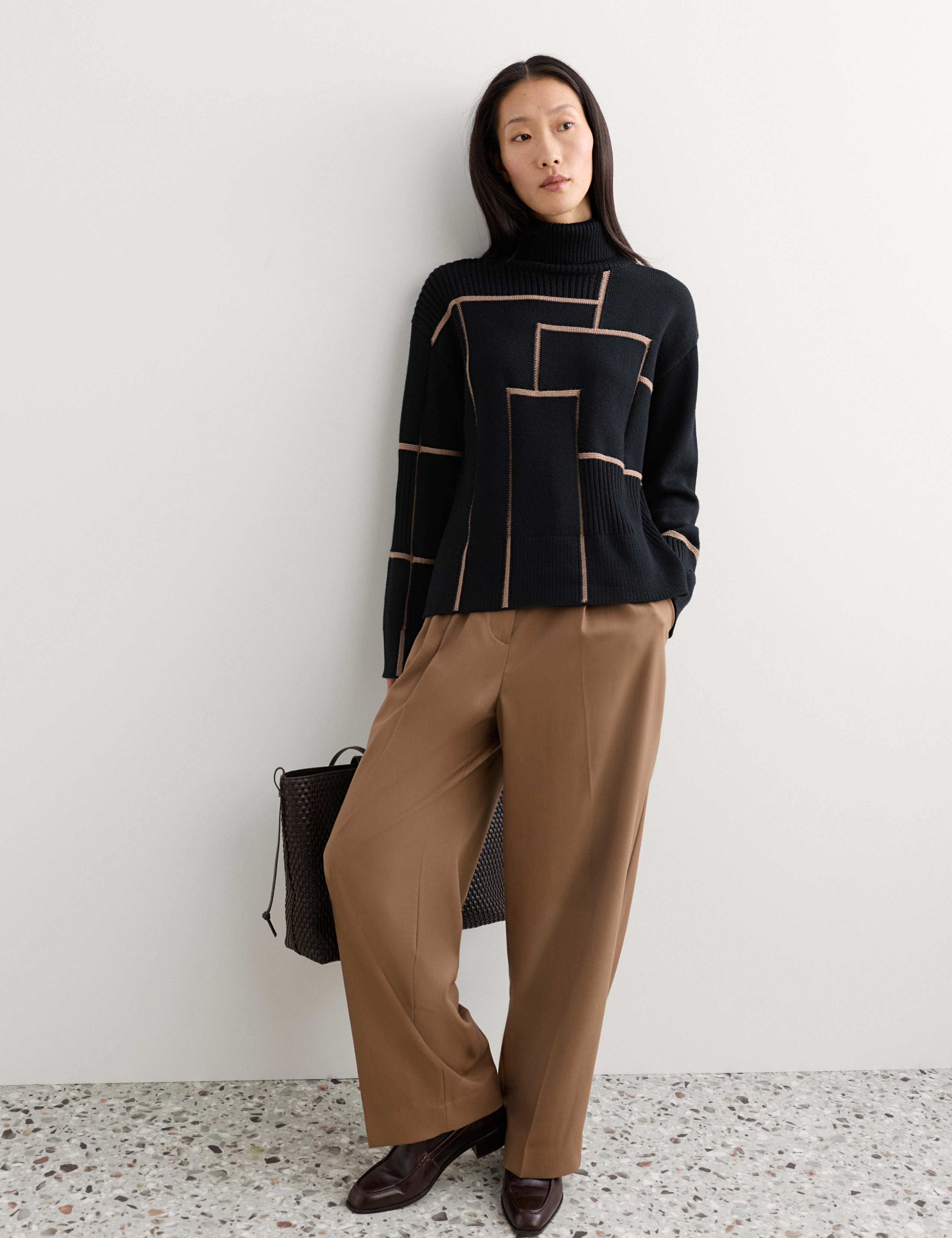 Pure Merino Wool Geometric Funnel Neck Jumper