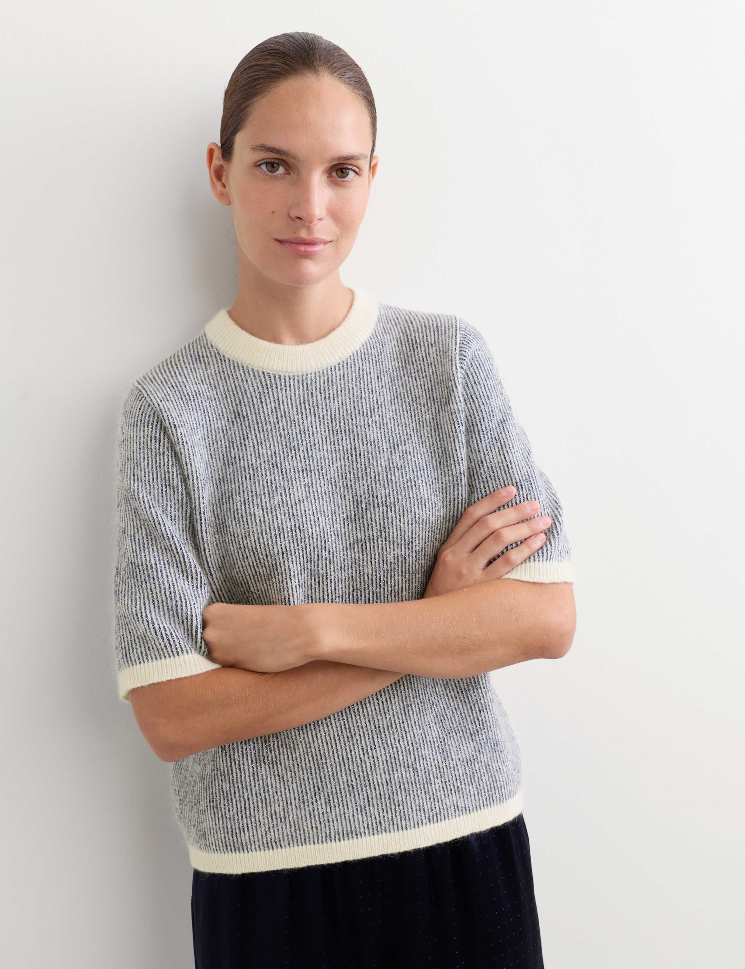 Sparkly Striped Knitted T-Shirt Top with Mohair