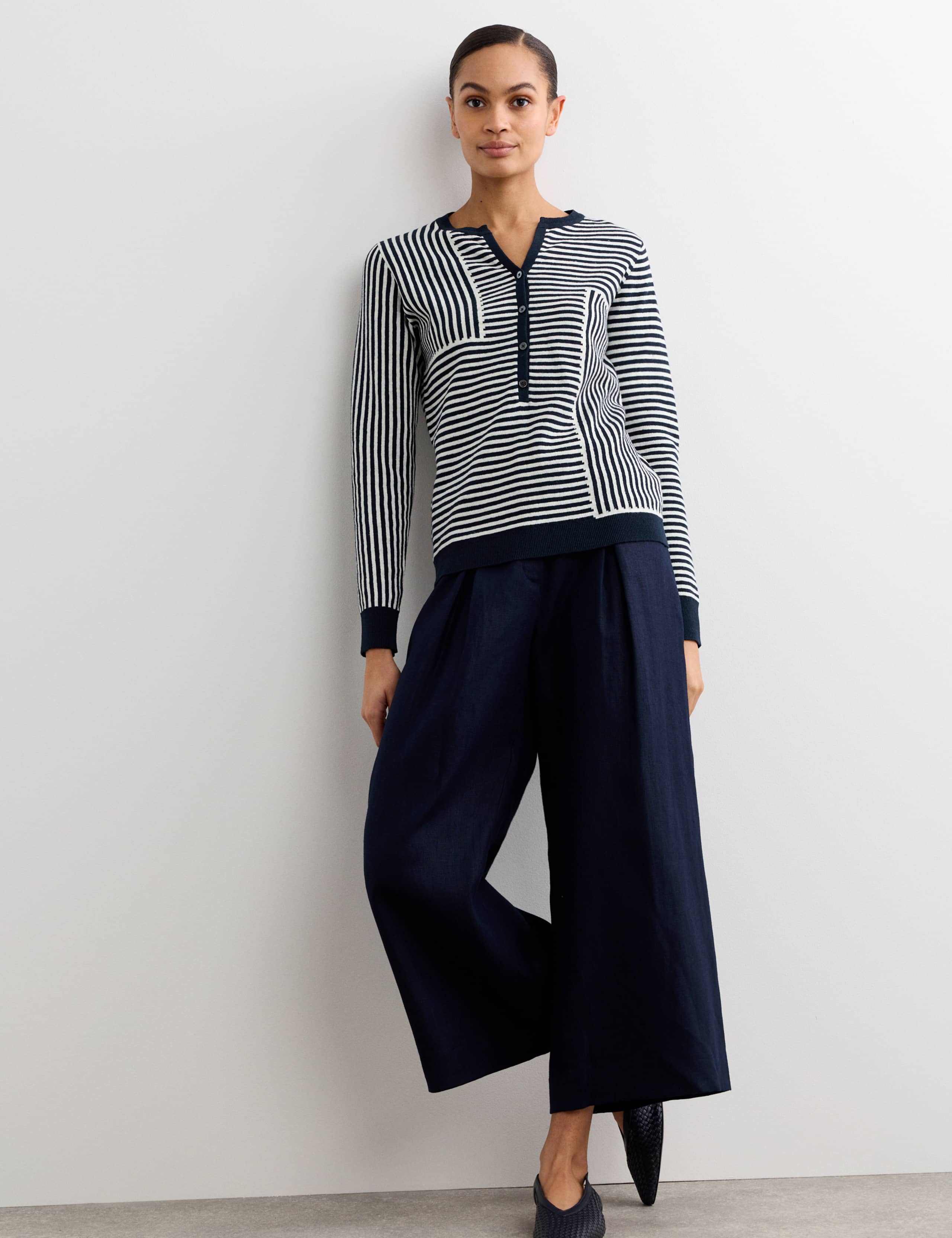 Linen Blend Striped V-Neck Button Jumper