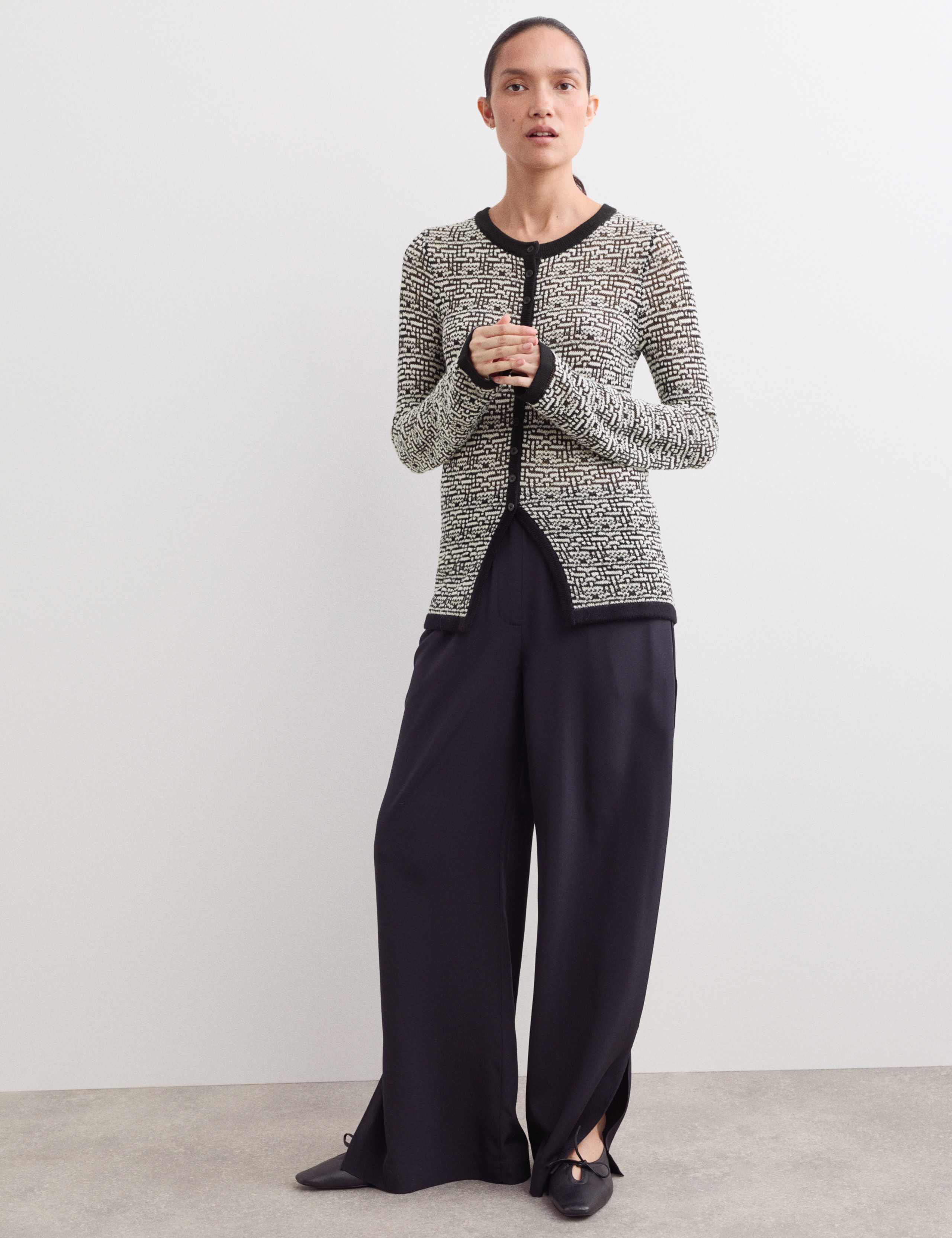 Merino Wool Rich Textured Crew Neck Cardigan