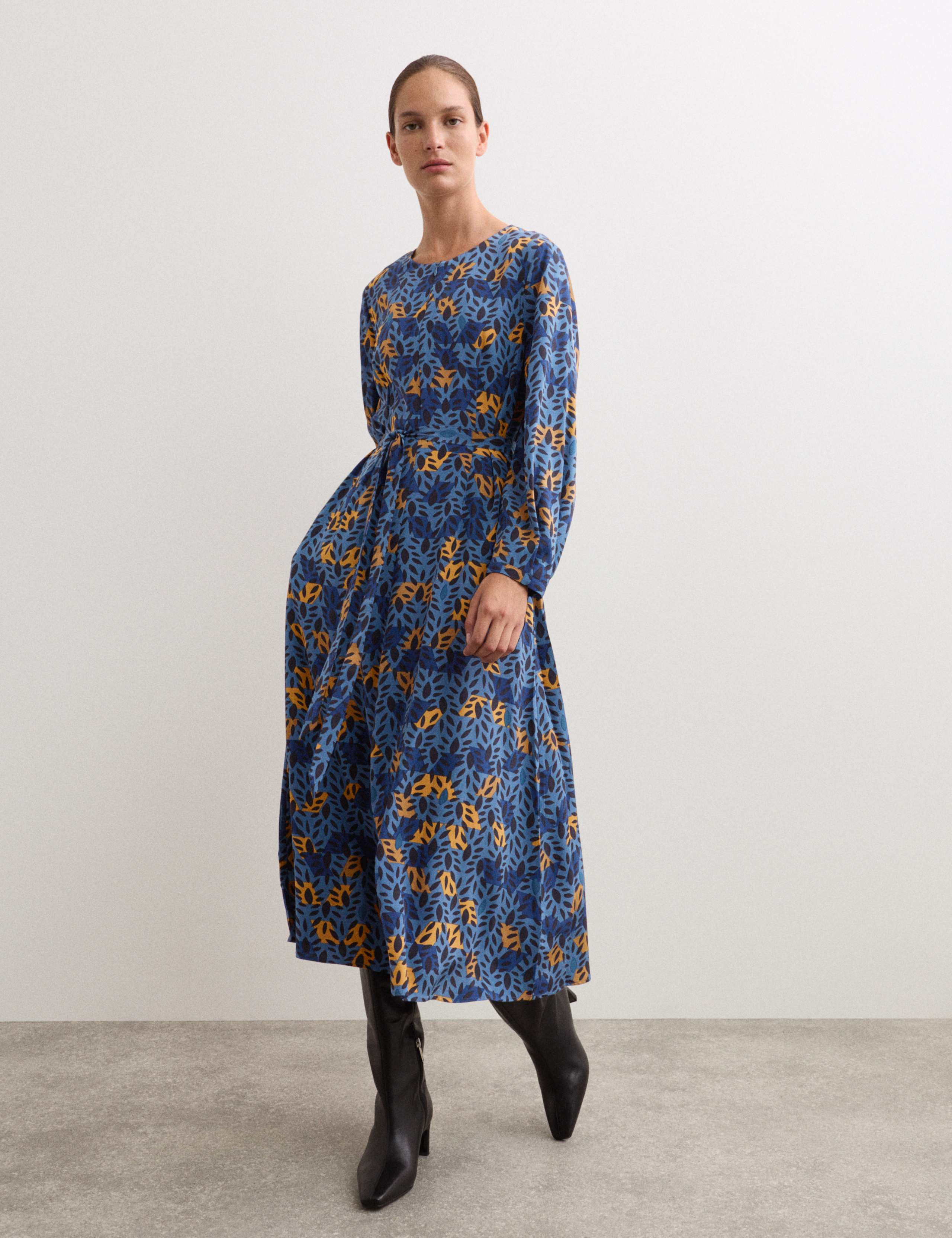 Pure Silk Leaf Print Midi Skater Dress