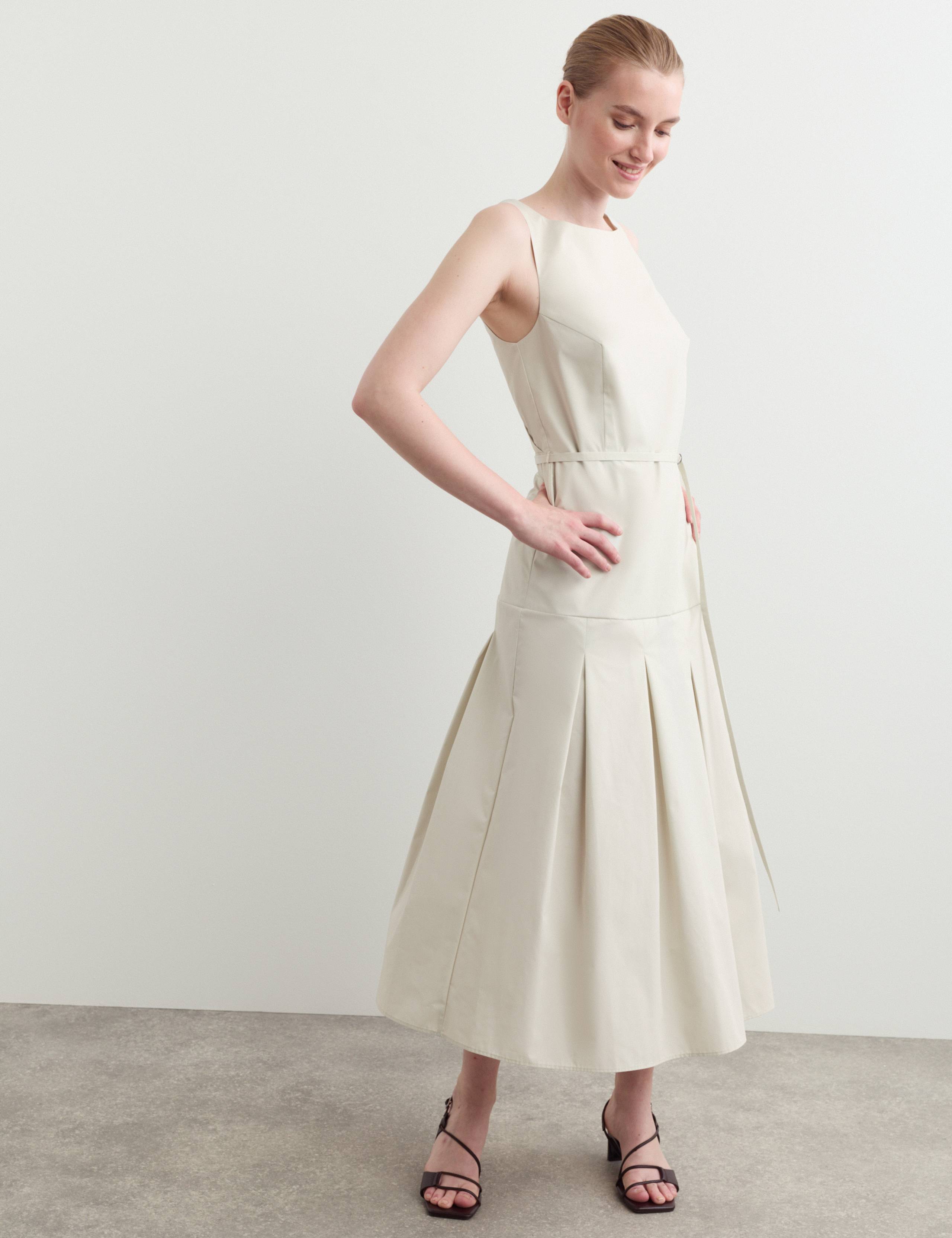 Cotton Blend Pleated Midi Waisted Dress