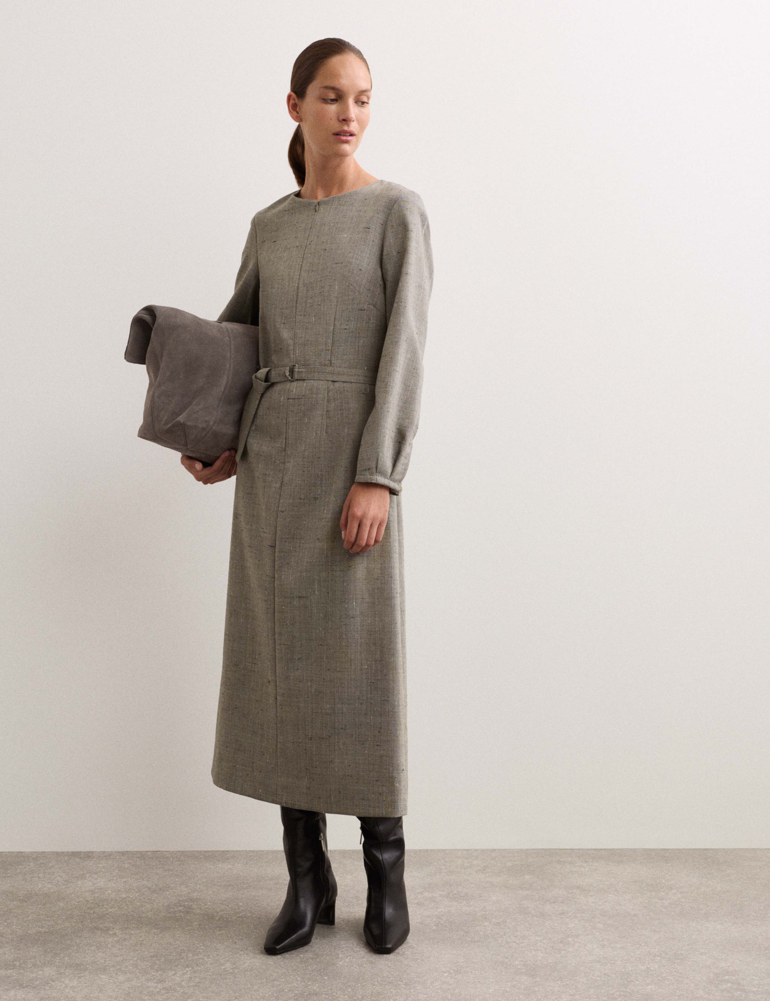 Wool Rich Flannel Belted Midi Skater Dress