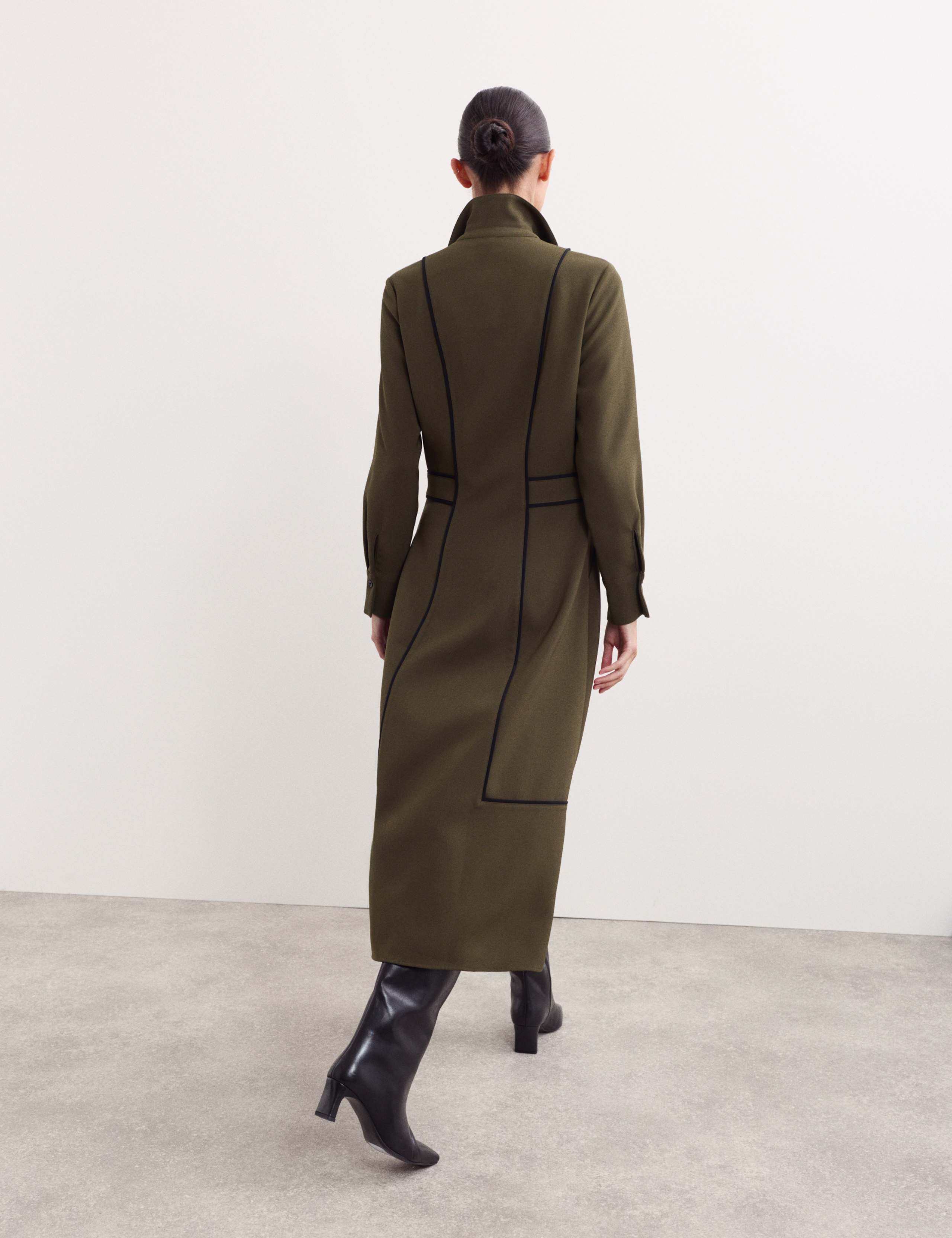 Crepe Piping Detail Midi Shirt Dress