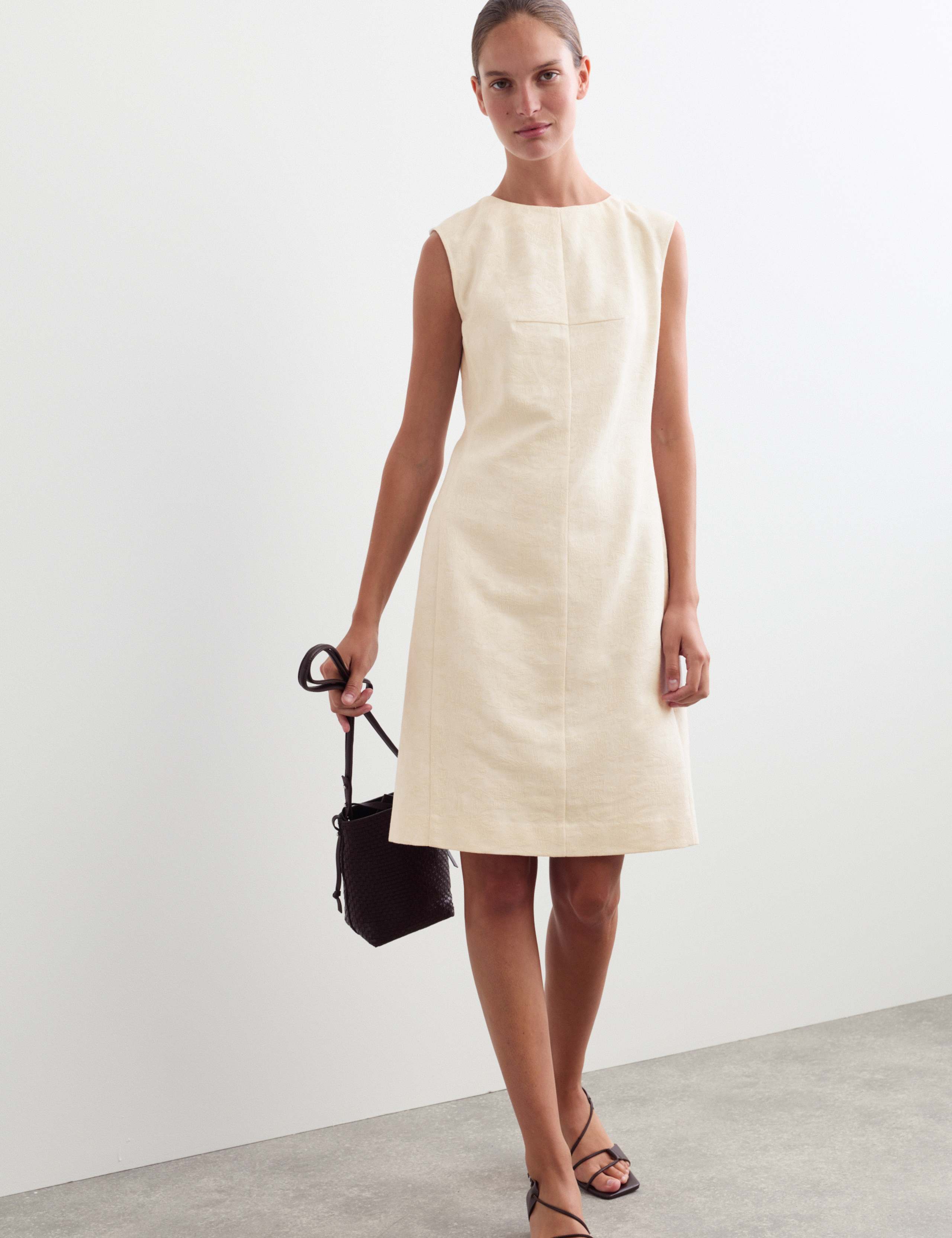 Cotton Blend Jacquard Shift Dress with Linen
