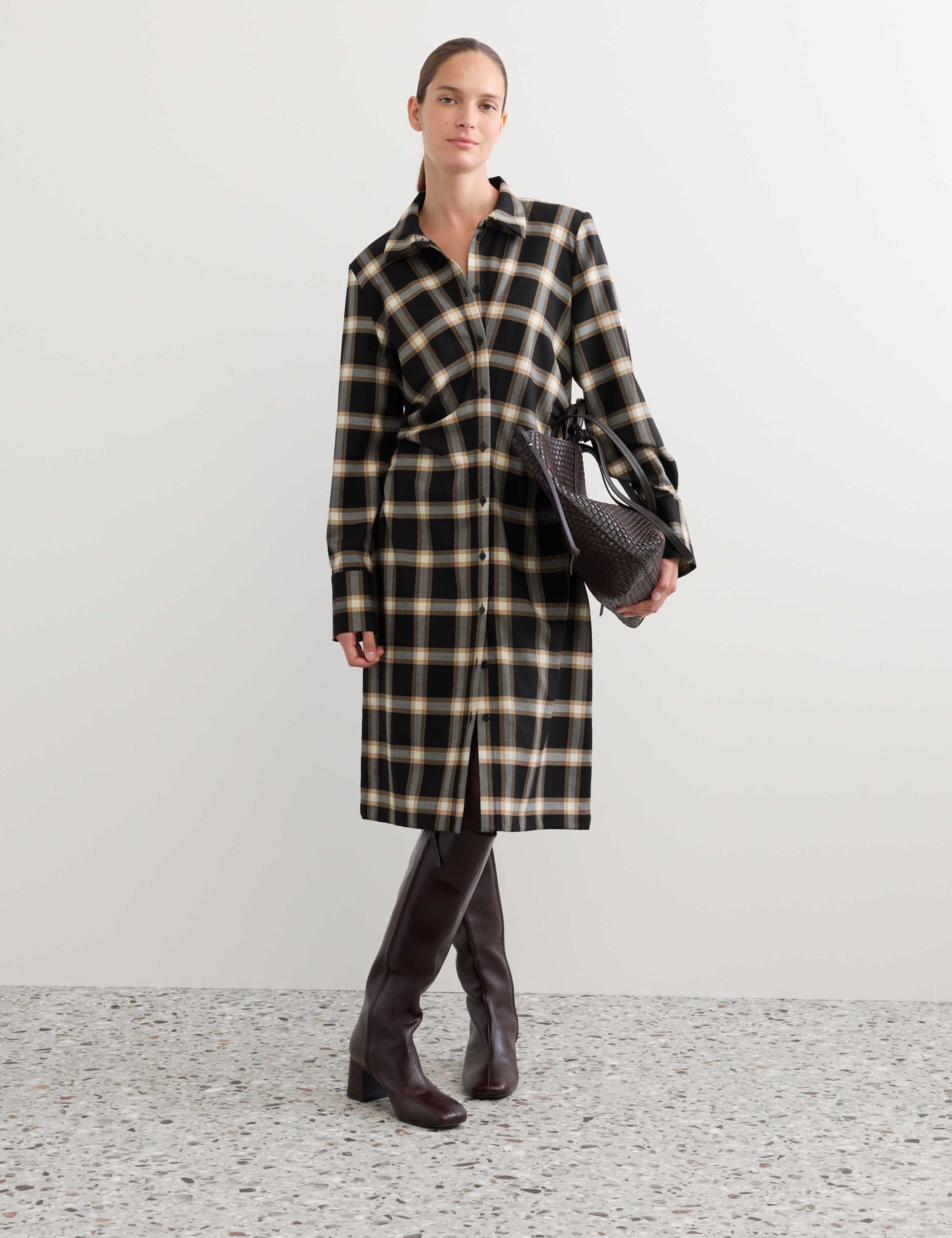 Wool Rich Checked Collared Midi Shirt Dress