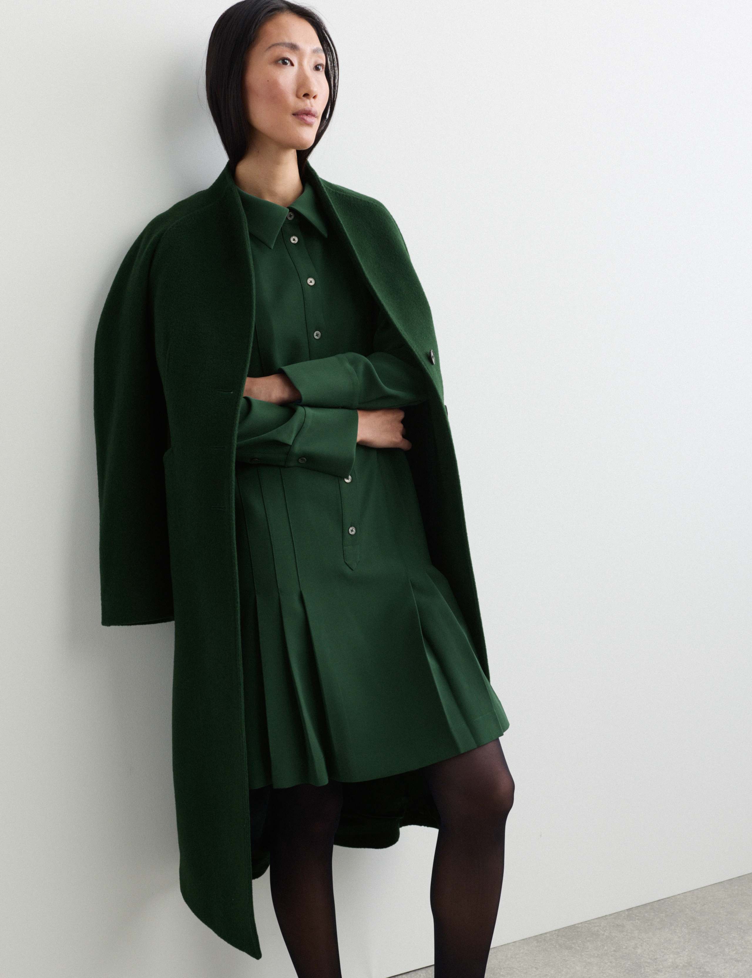 Crepe Pleated Knee Length Shirt Dress