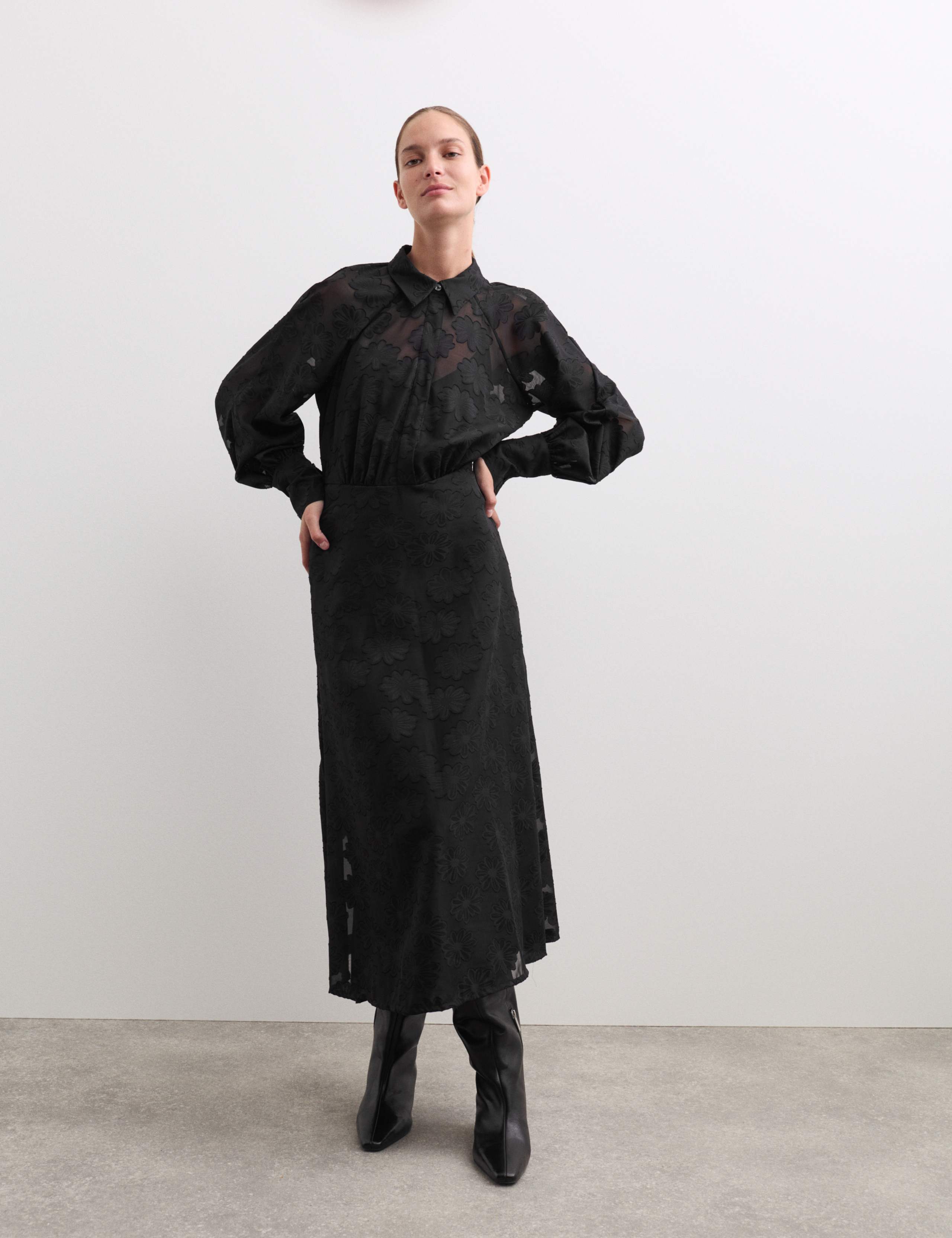 Floral Textured Midaxi Skater Shirt Dress