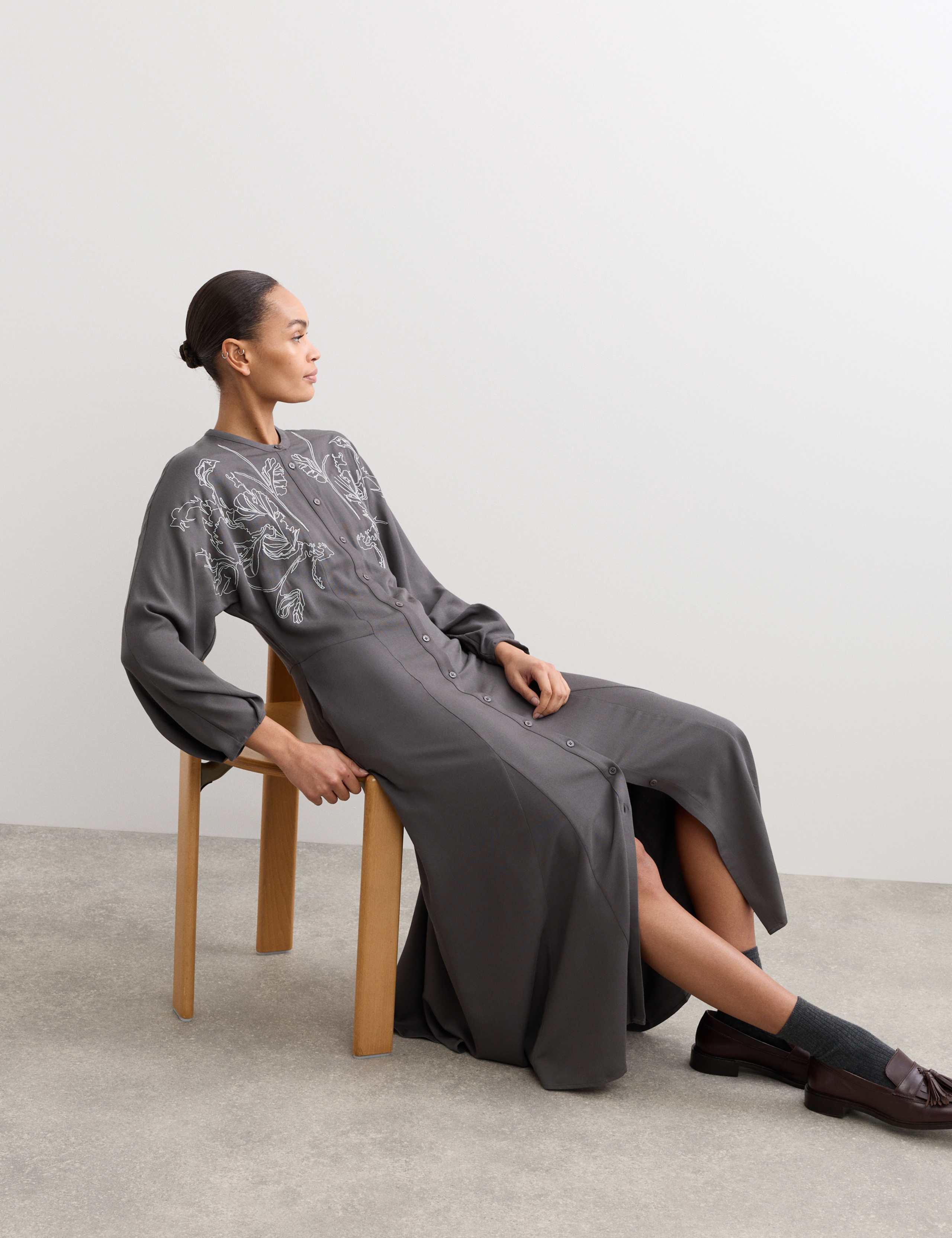 Embroidered Midi Skater Dress With Wool