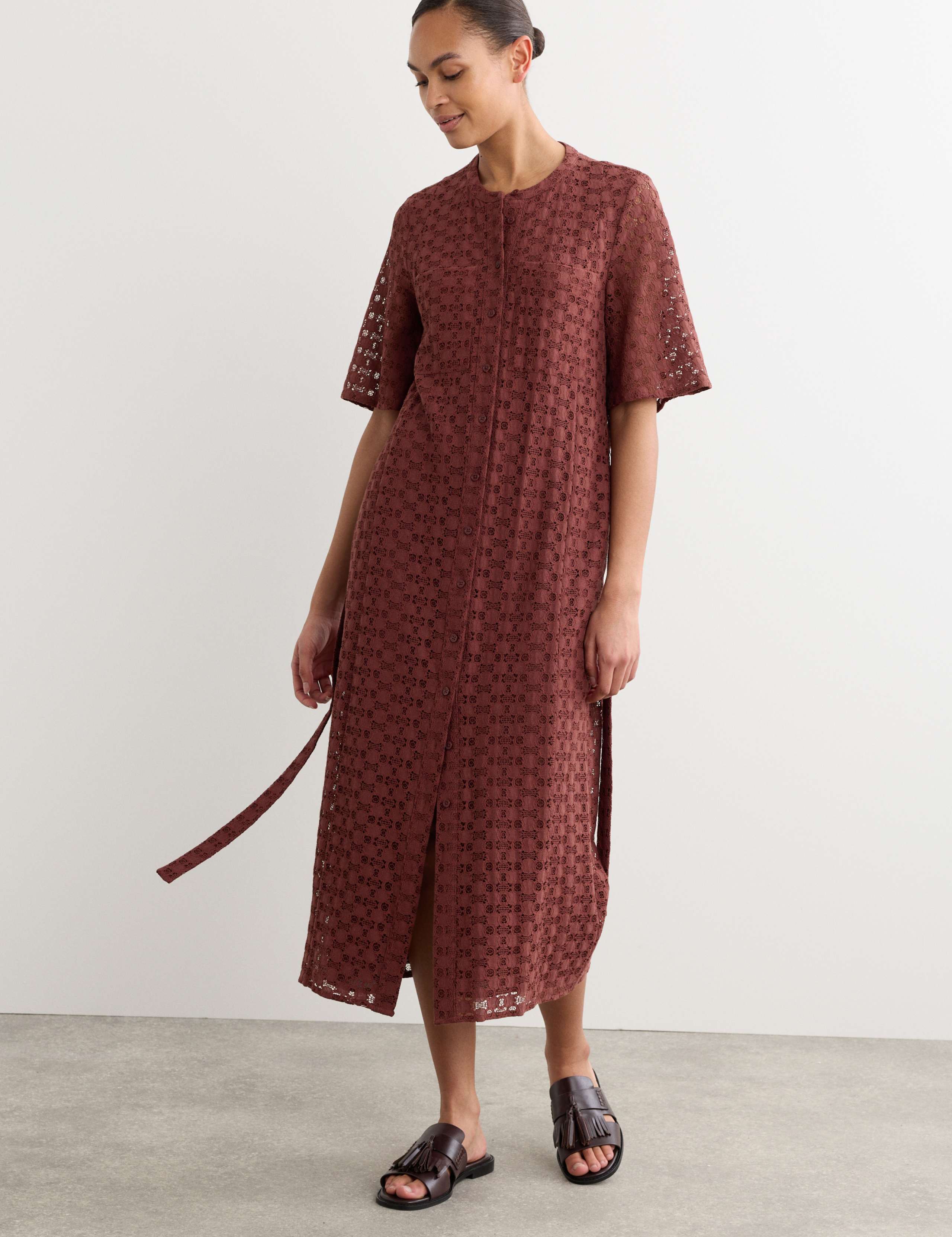 Cotton Blend Lace Midi Shirt Dress