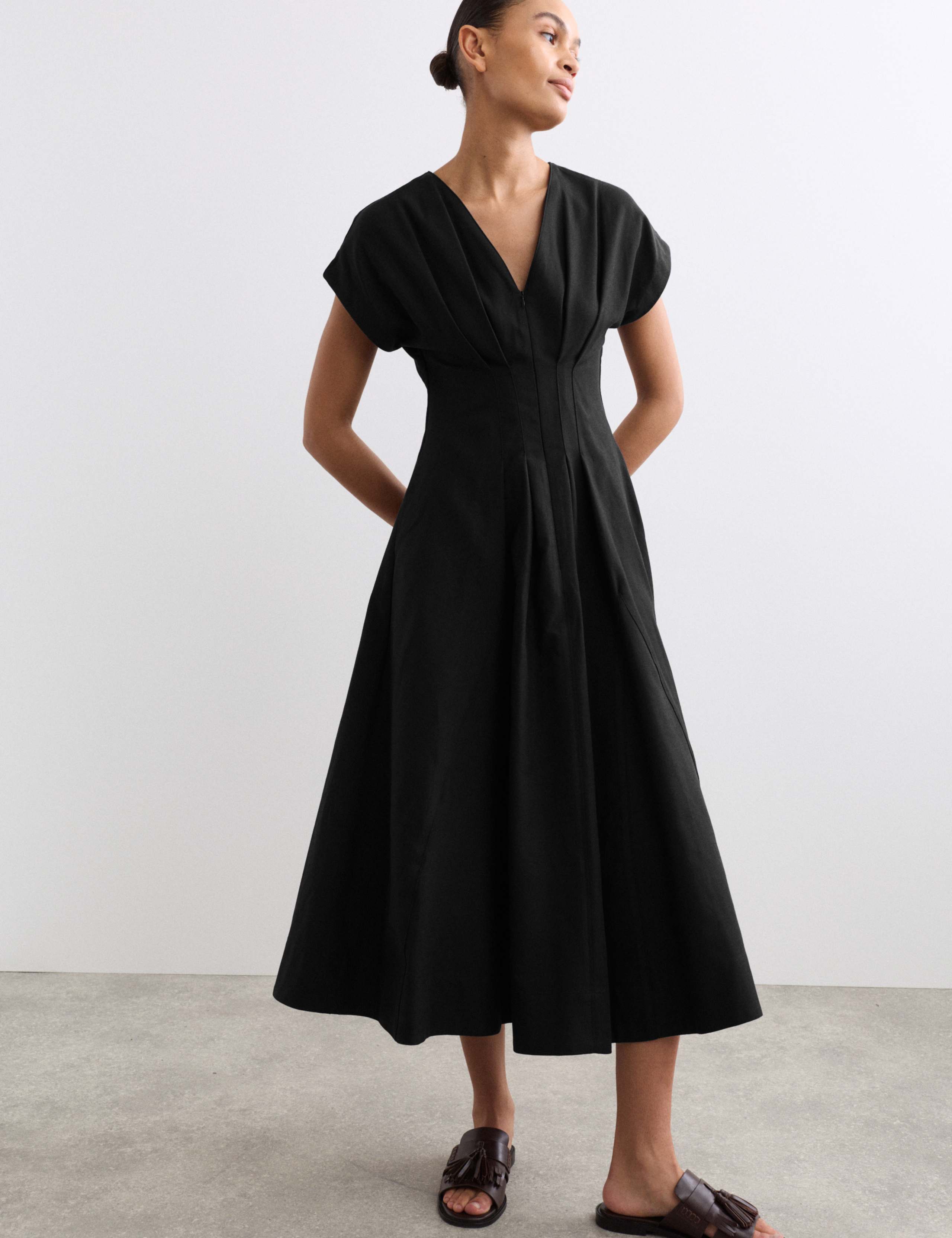 Lyocell Blend V-Neck Midi Skater Dress