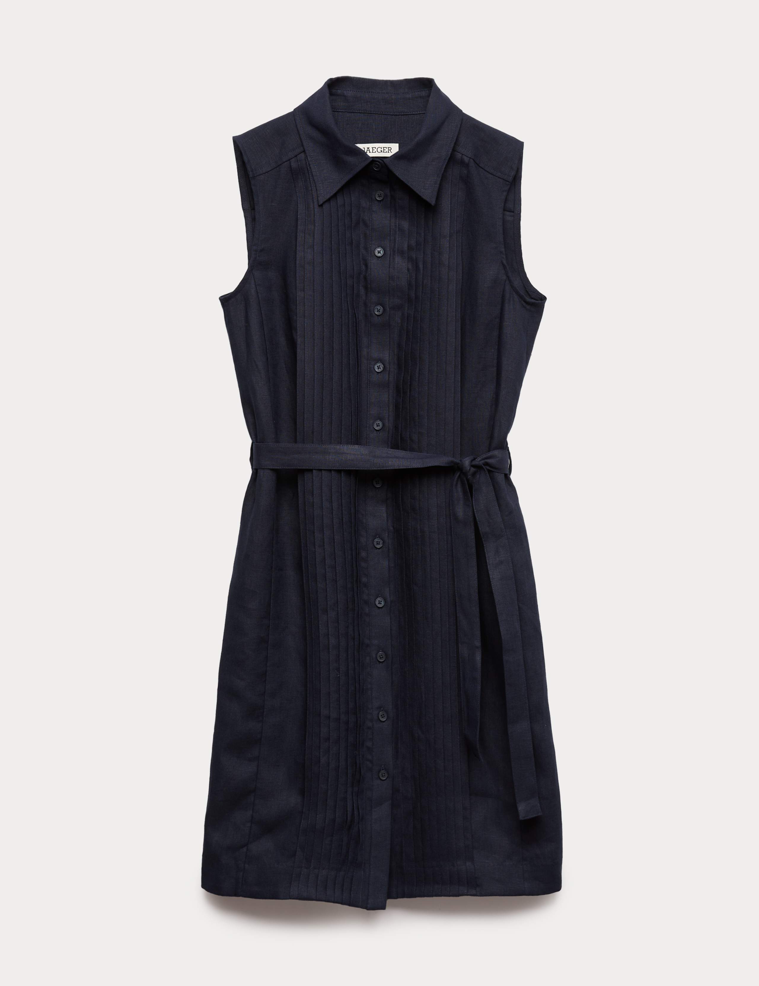 Pure Linen Pleated Knee Length Shirt Dress