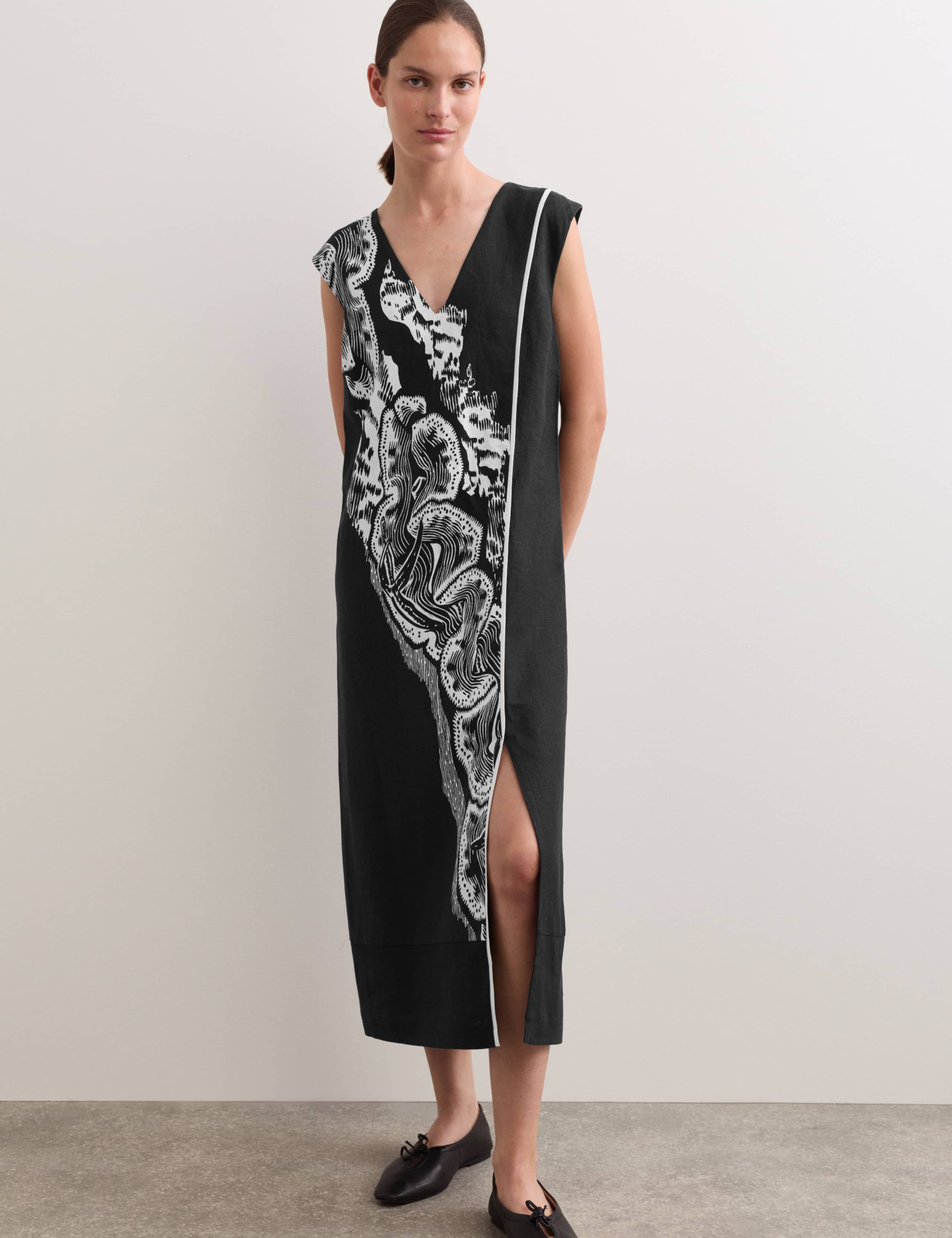 Pure Linen Coral Reef V-Neck Midi Dress