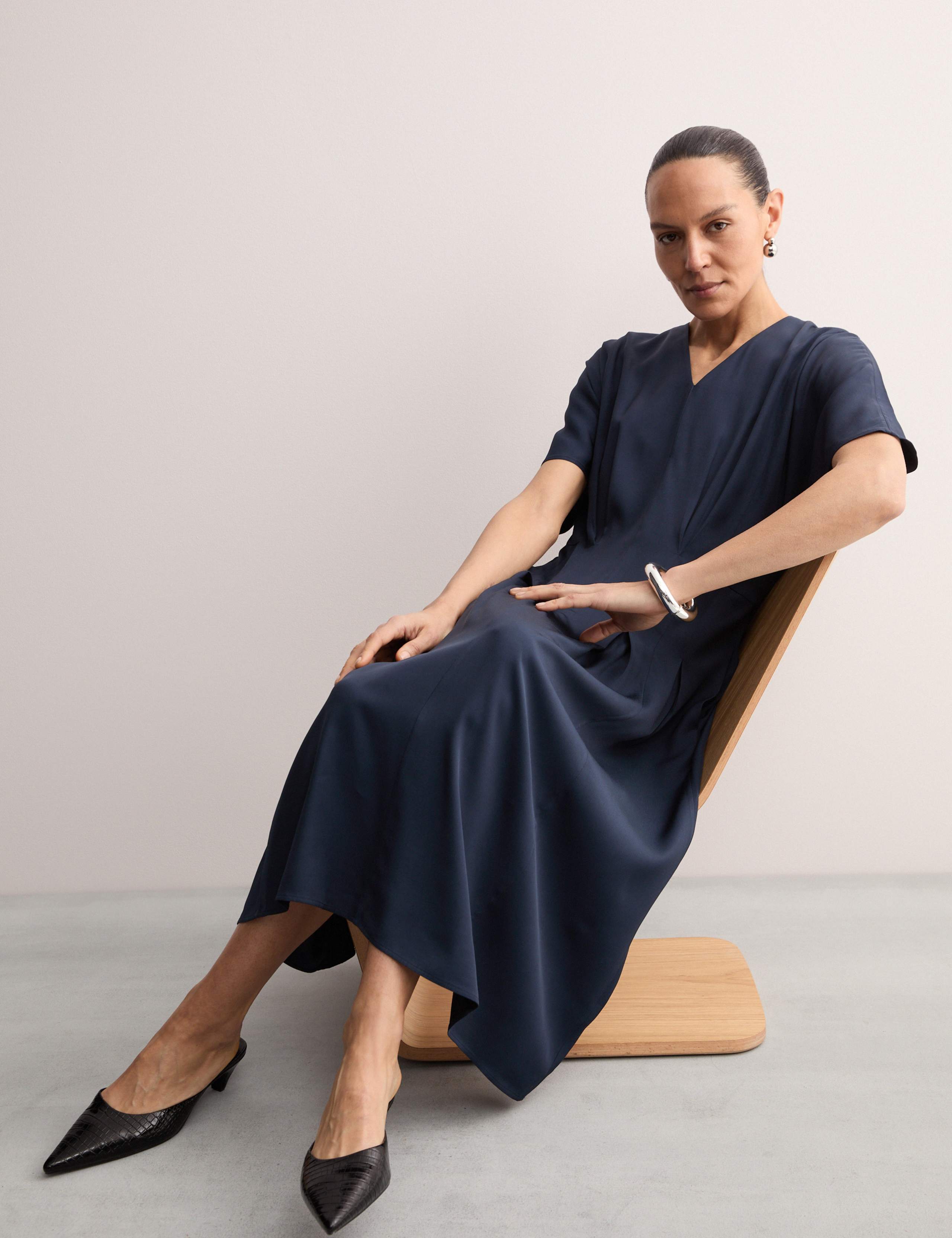 V-Neck Pintuck Midi Waisted Dress