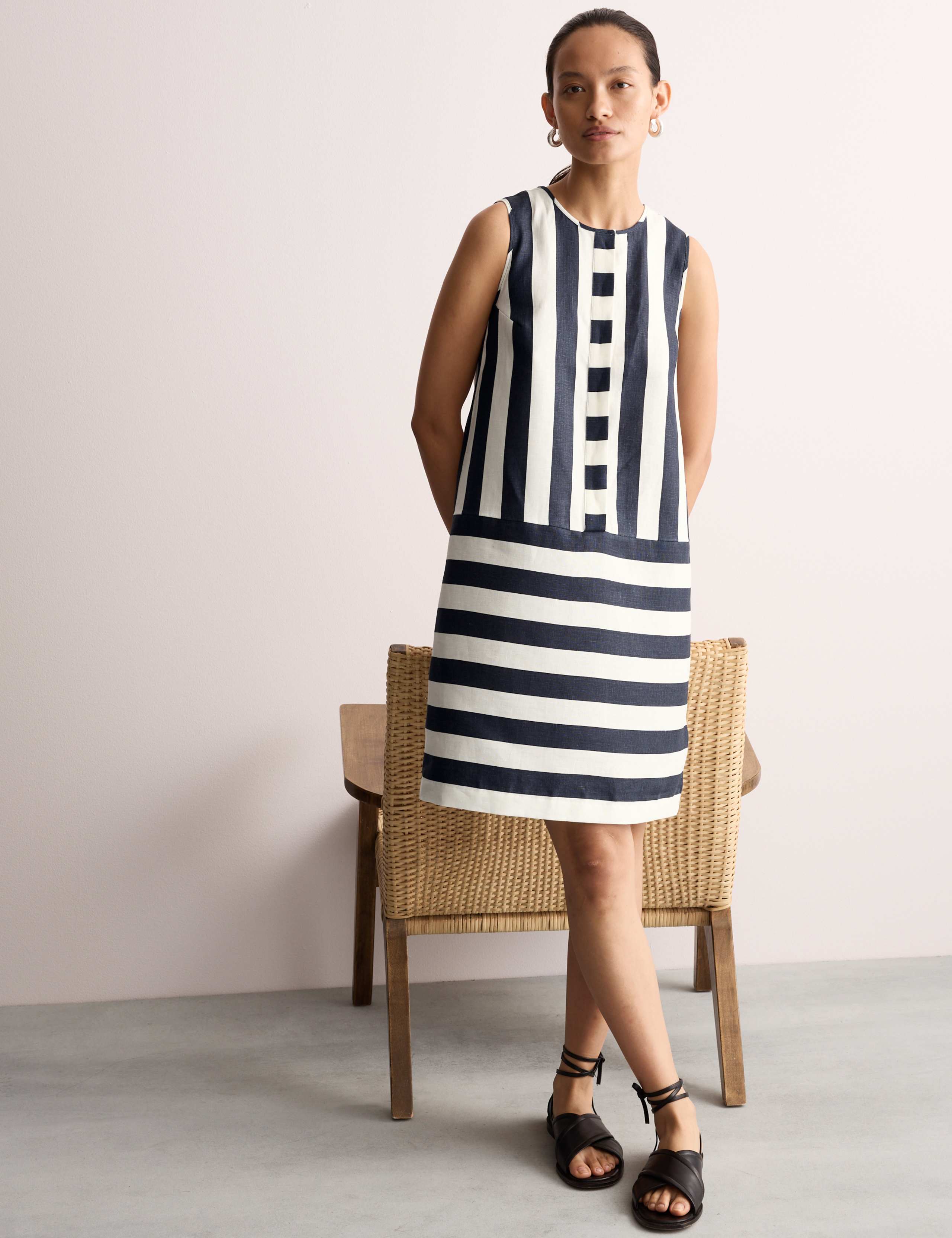 Pure Linen Striped Knee Length Shift Dress