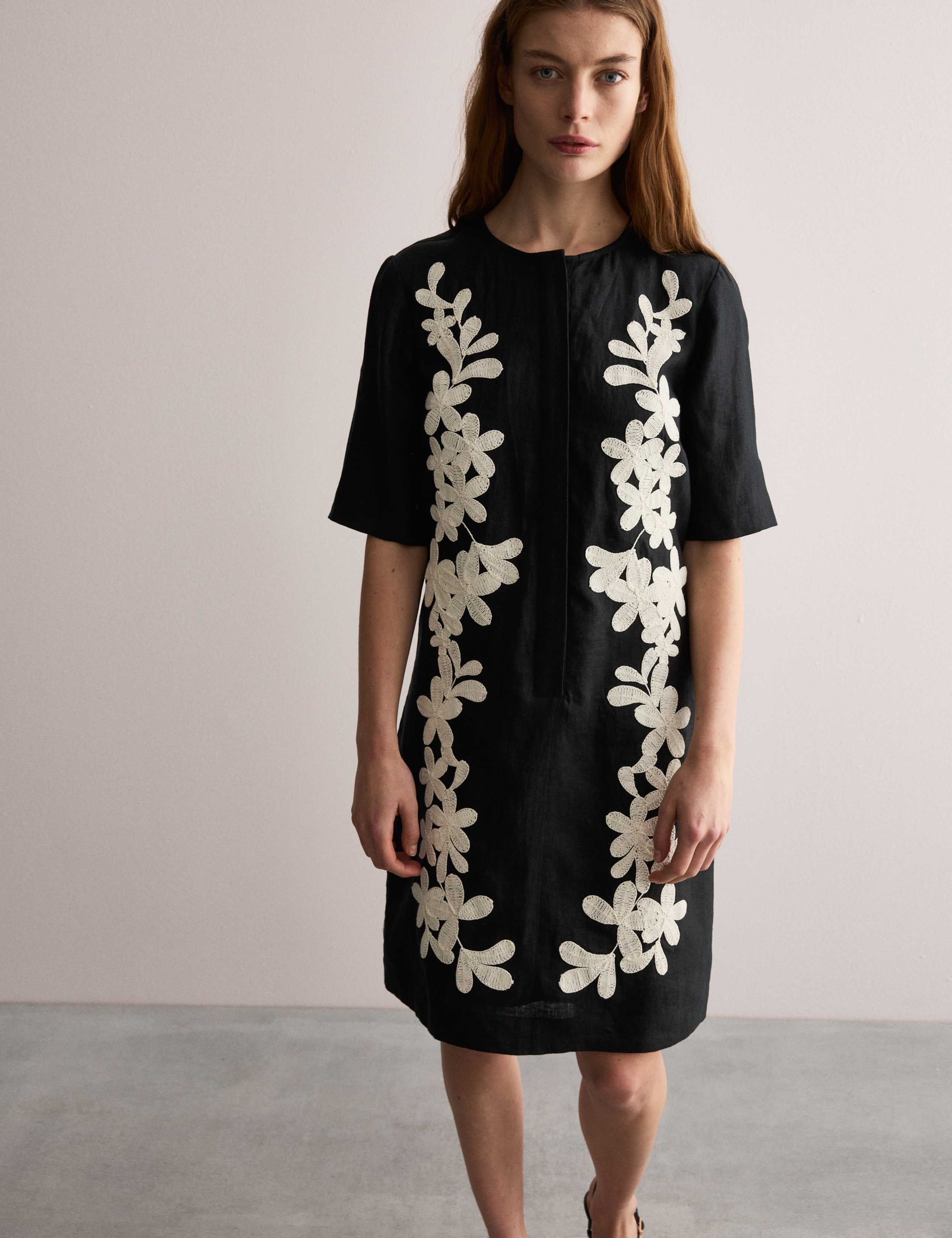 Pure Linen Embroidered Mini Shift Dress