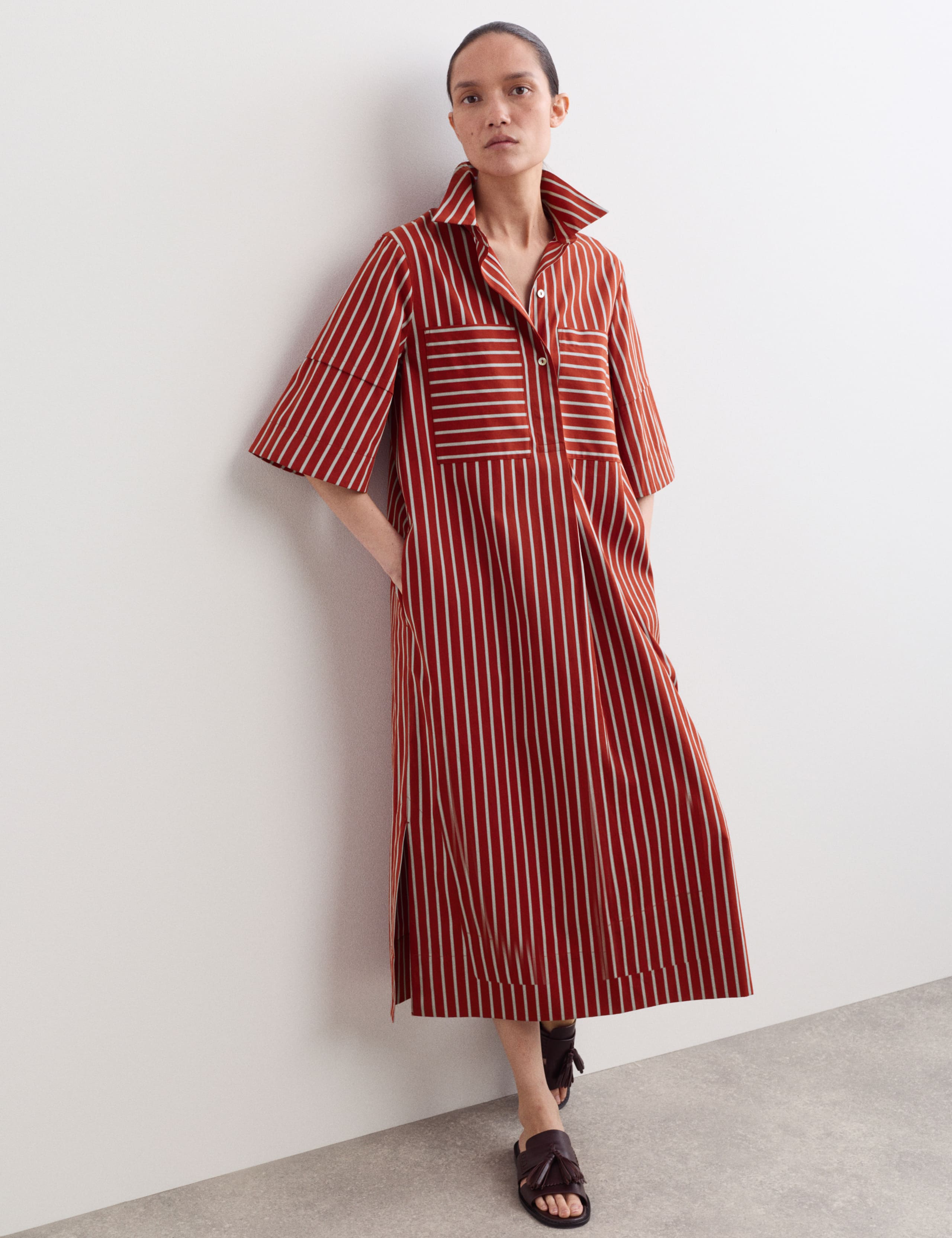 Pure Cotton Striped Midi Shirt Dress
