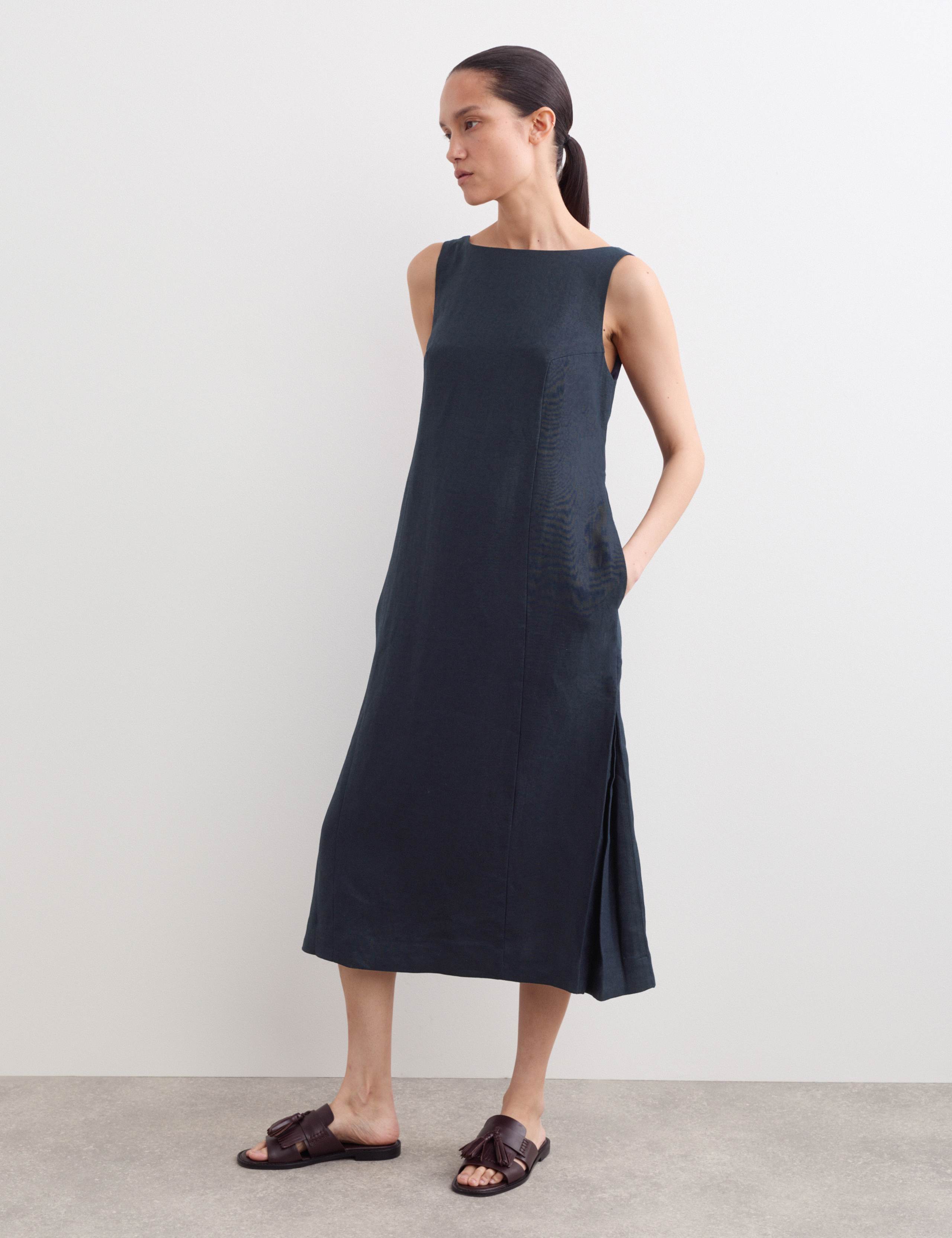 Pure Linen Slash Neck Midi Column Dress