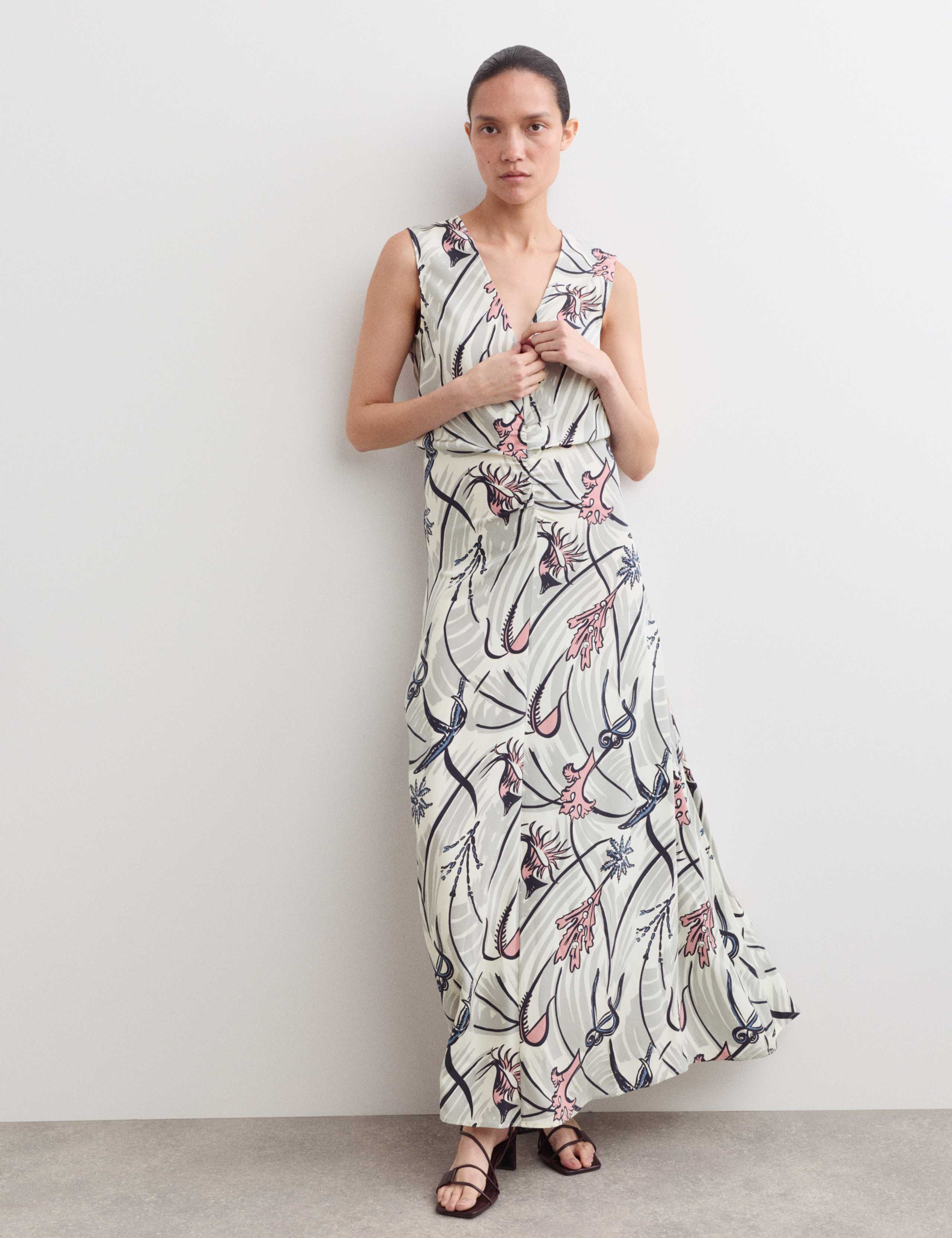 Pure Silk Floral V-Neck Maxi Column Dress