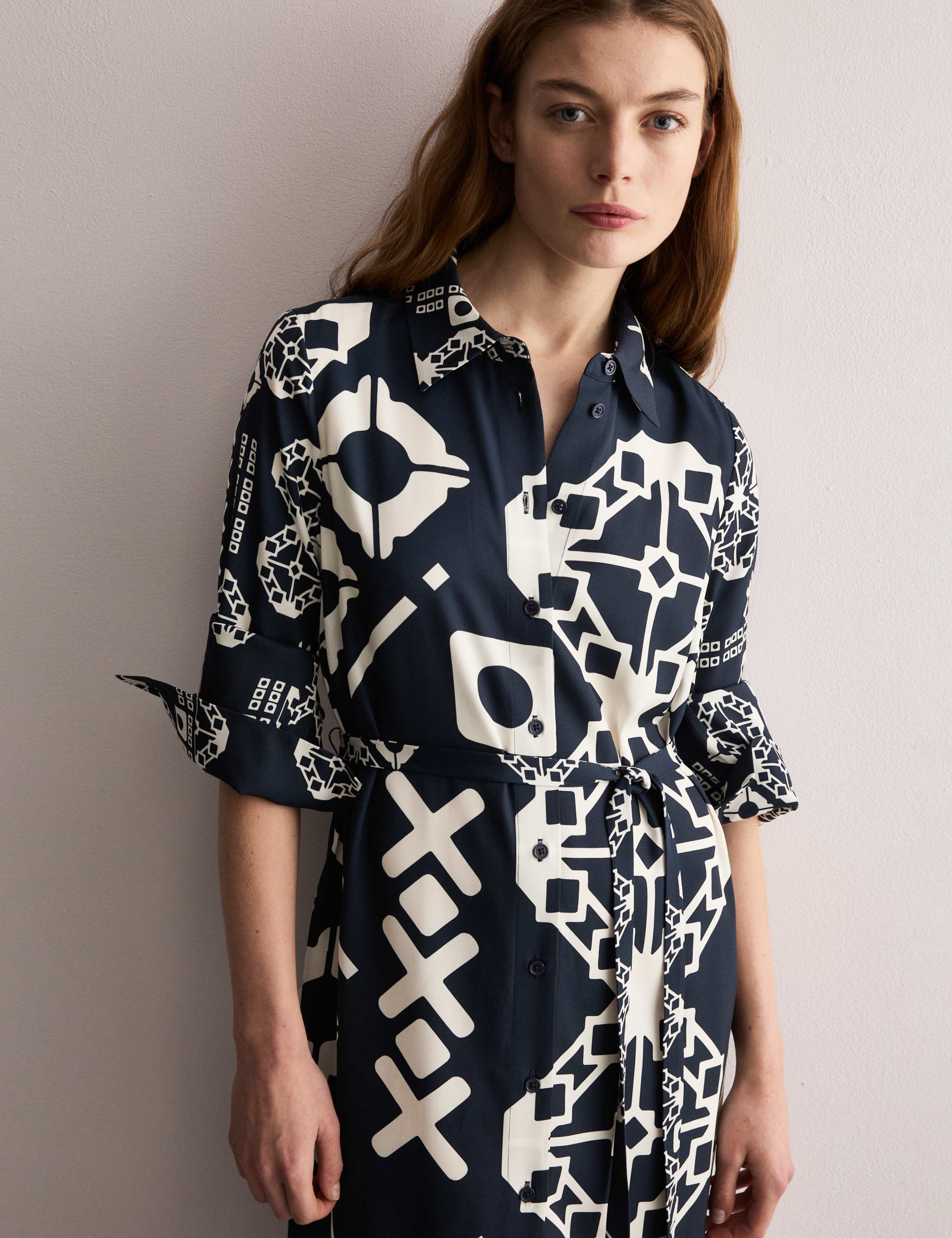Geometric Collared Belted Midi Shirt Dress