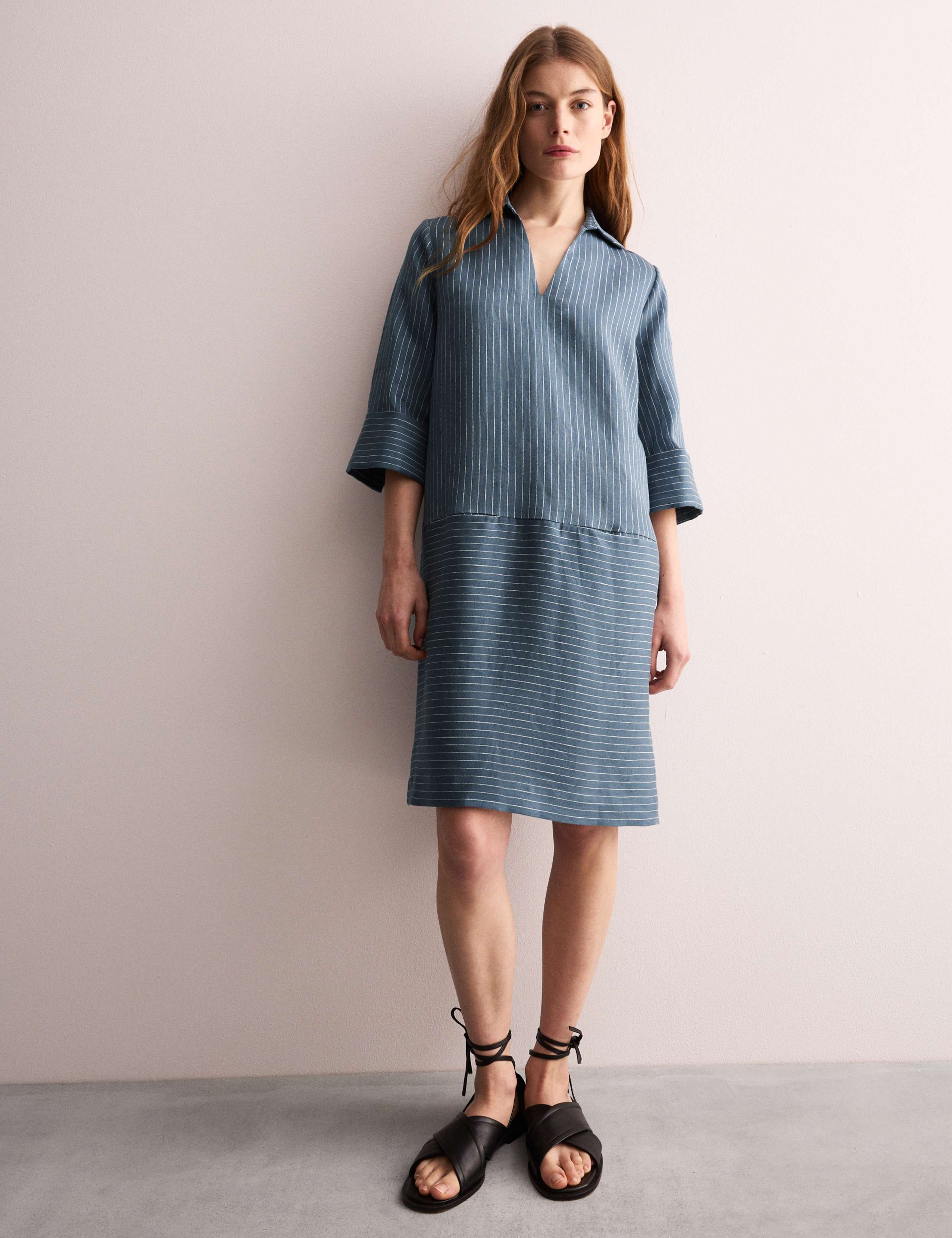 Pure Linen Striped Knee Length Shirt Dress