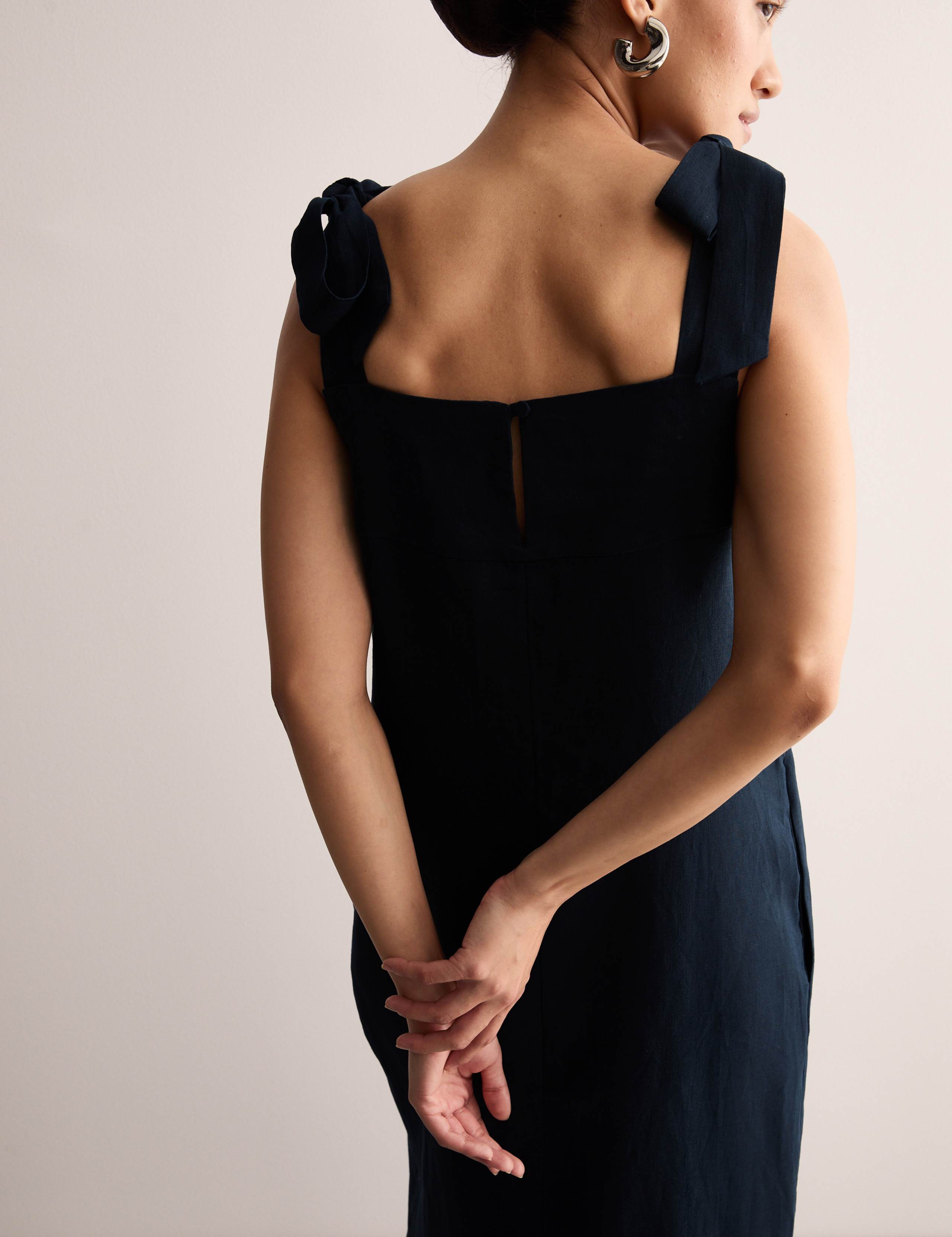 Pure Linen Square Neck Tie Strap Midi Slip Dress