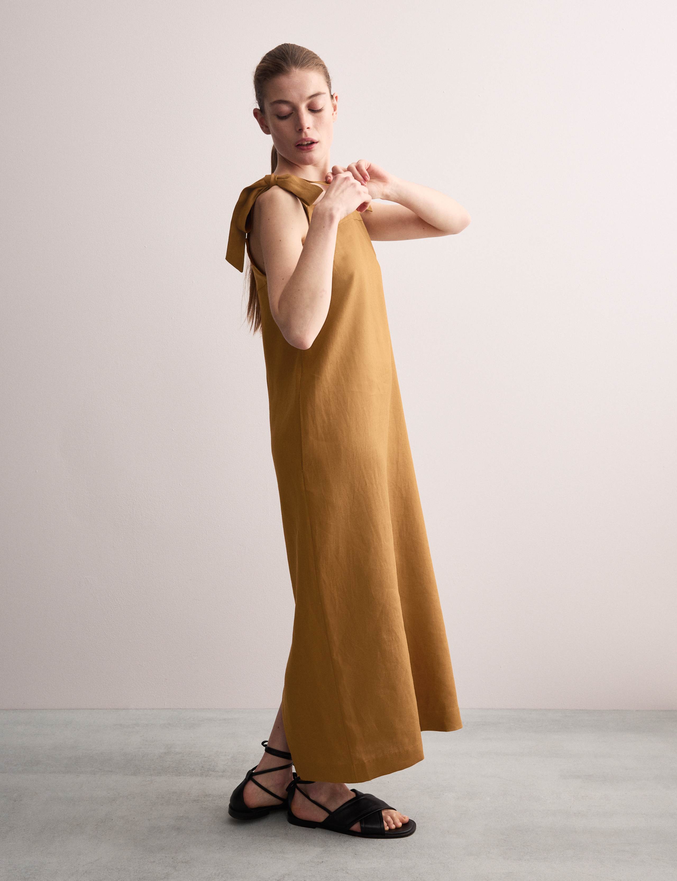 Pure Linen Square Neck Tie Strap Midi Slip Dress
