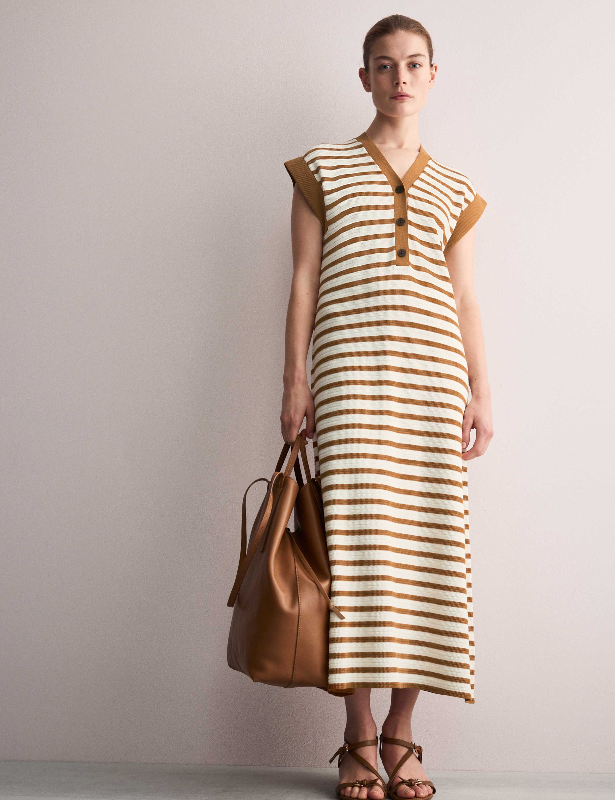 Cotton Blend Knitted Striped Midi Dress