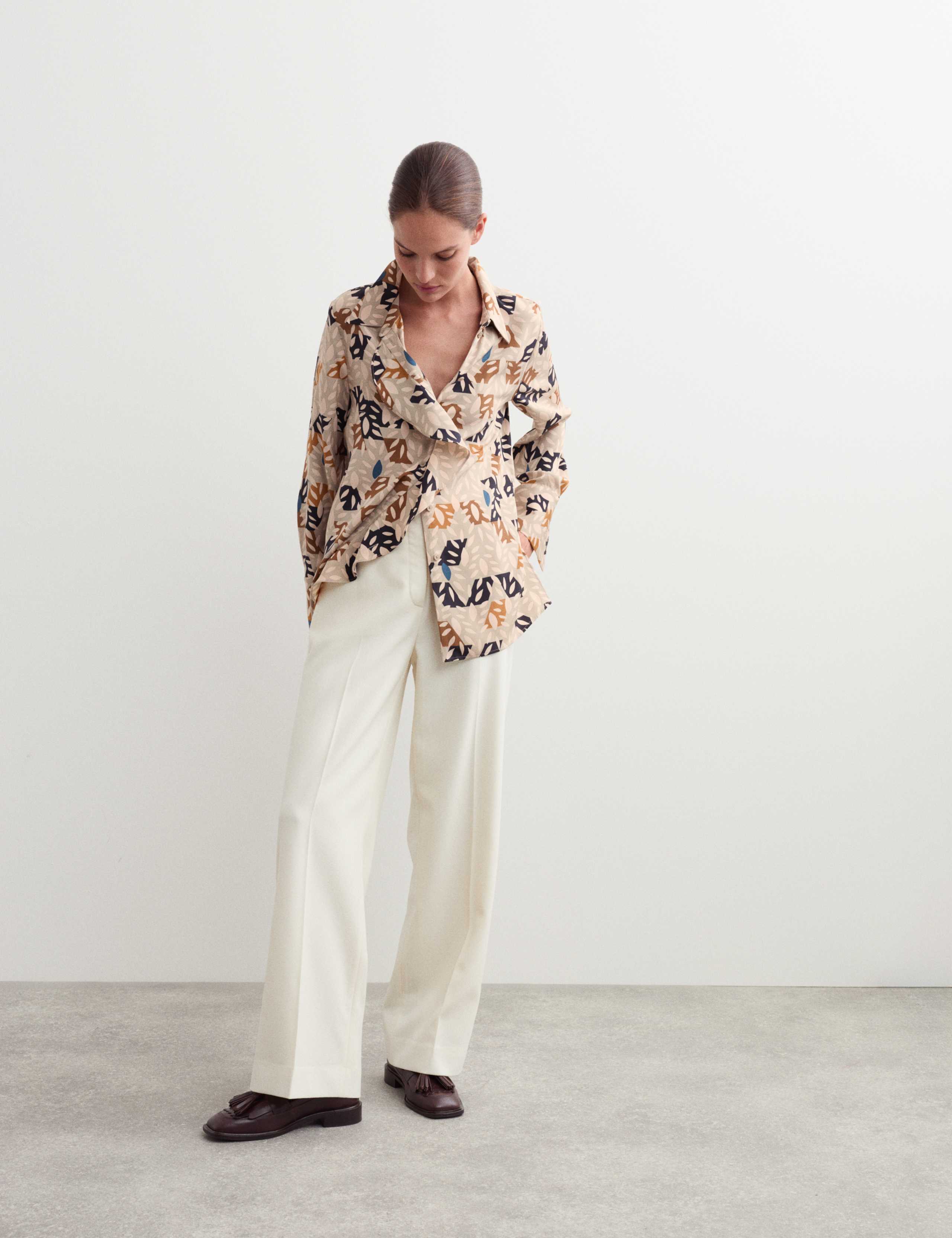 Pure Silk Leaf Print Ruffle Top