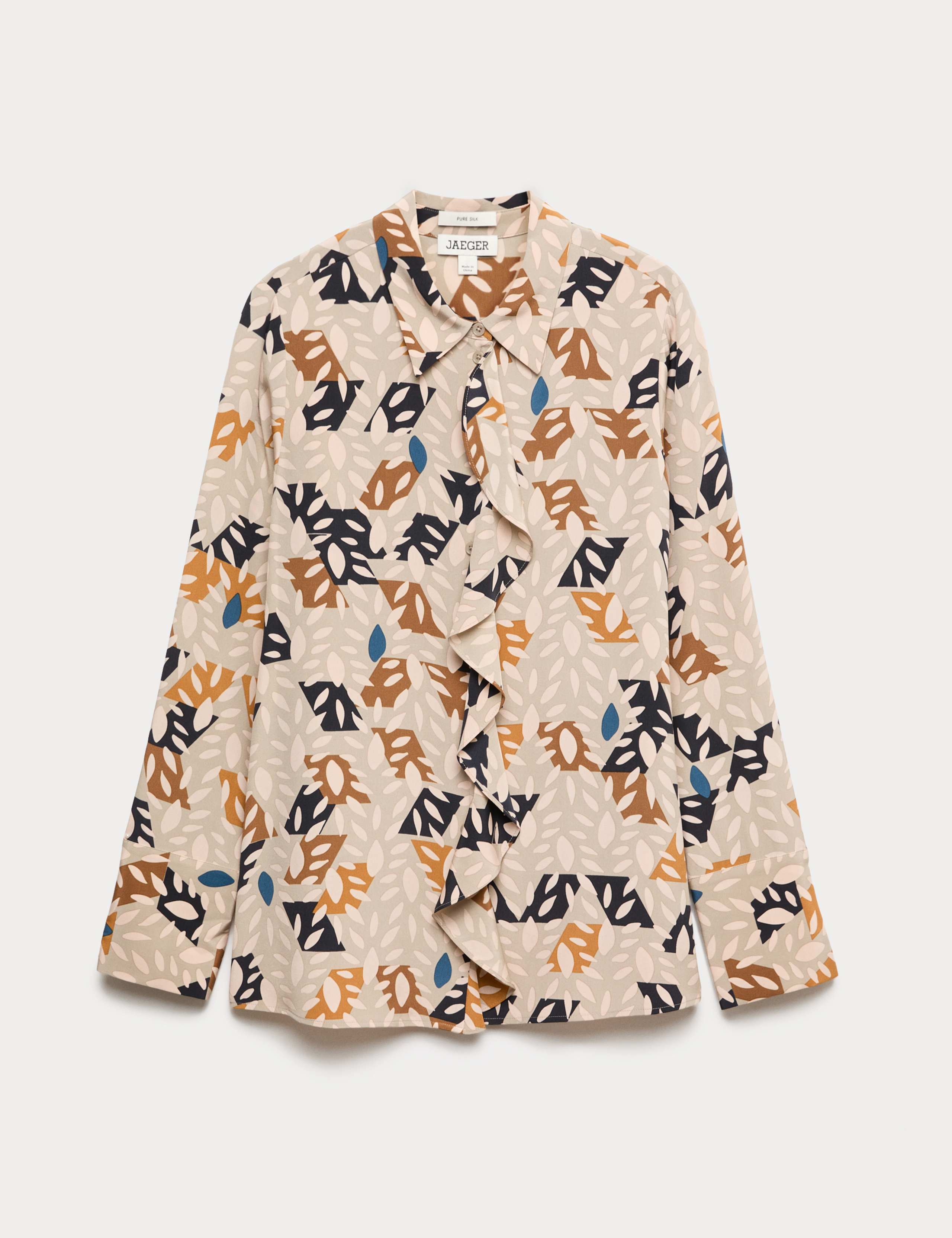 Pure Silk Leaf Print Ruffle Top