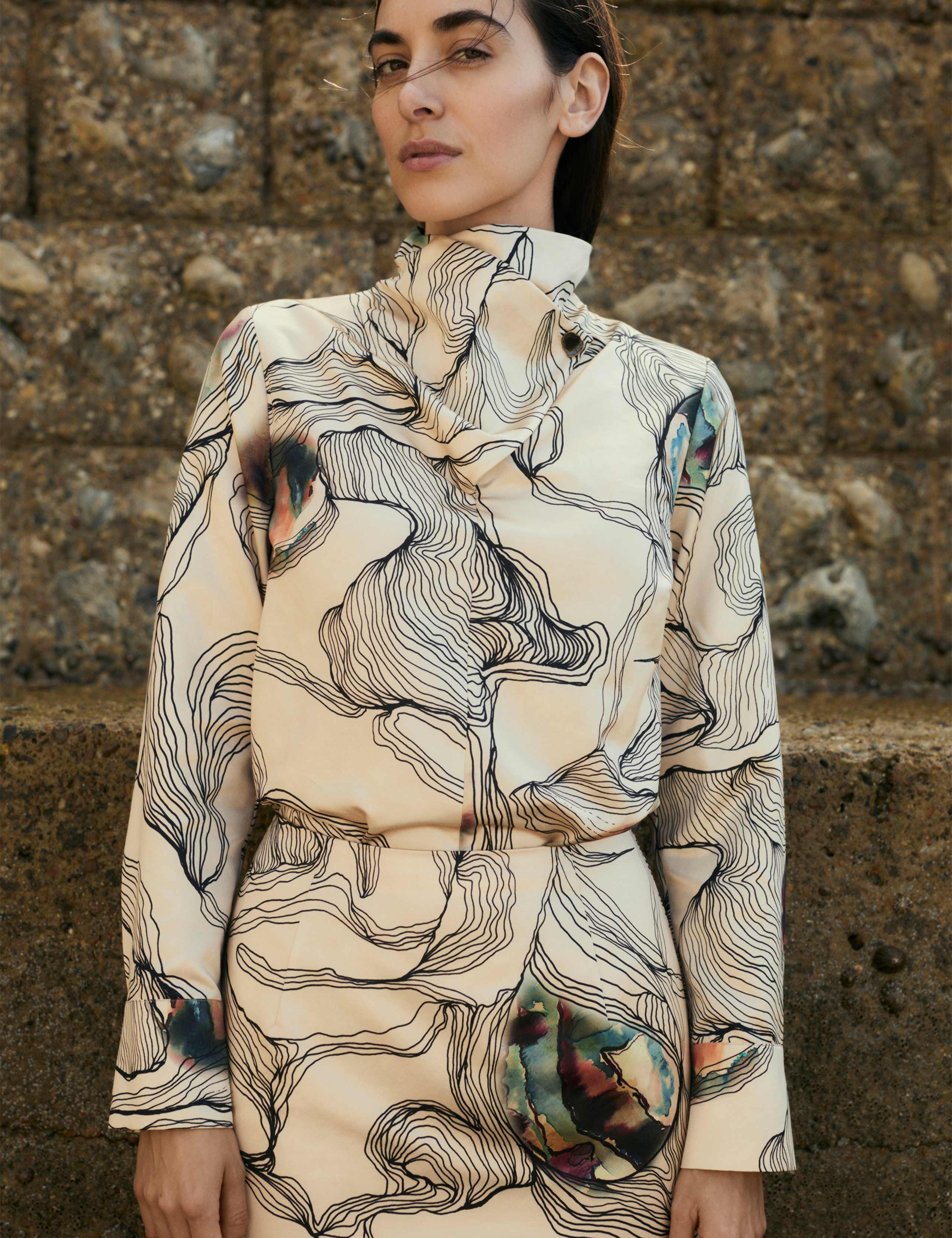 Silk Blend Oyster Print Cowl Neck Top